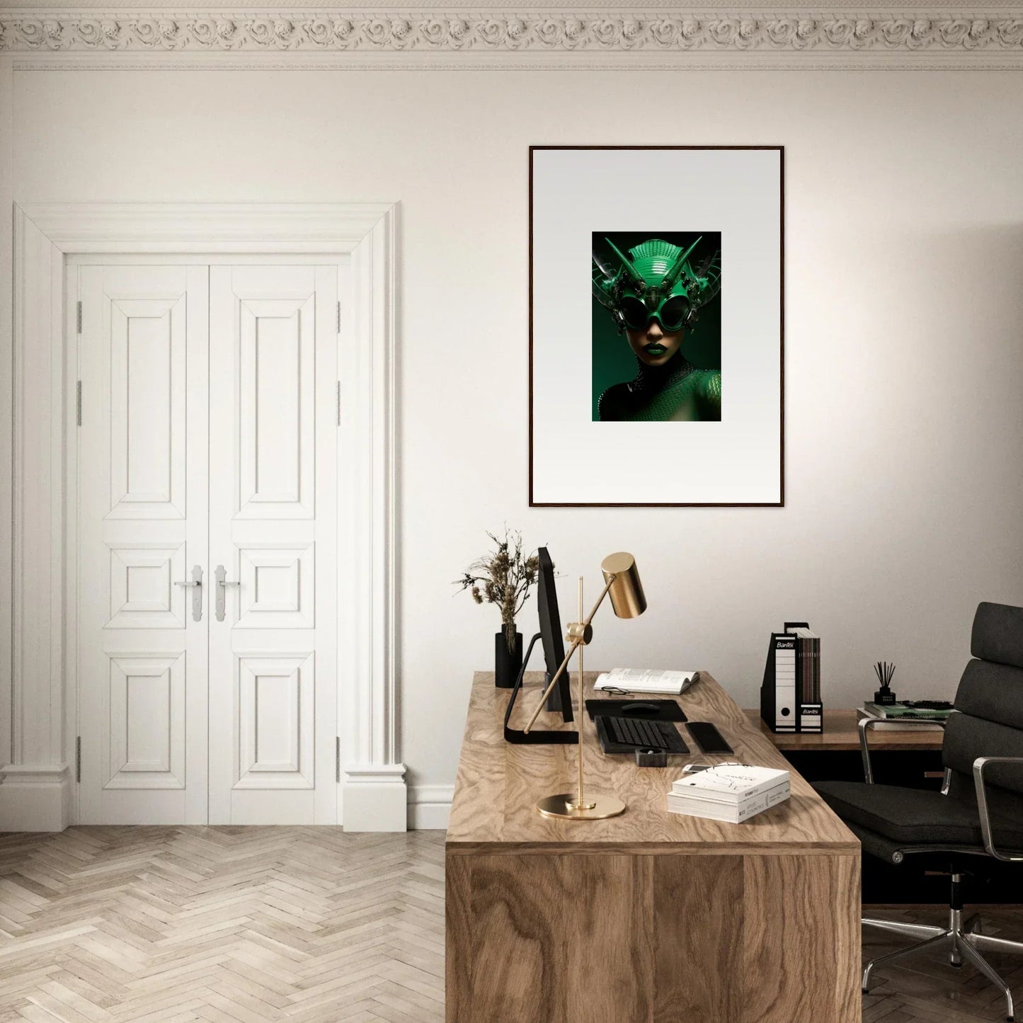 Elegant home office with wooden desk, framed wall art, and Nebula Empress decor