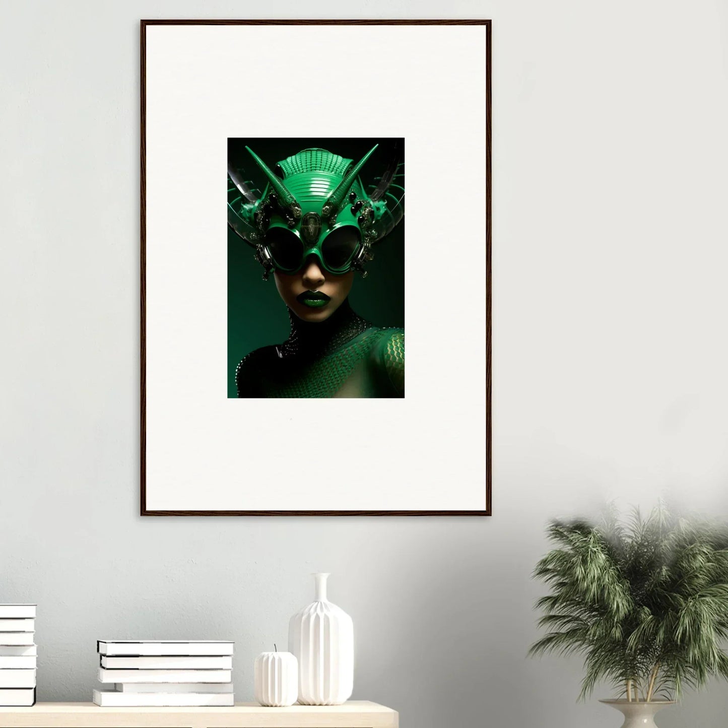 Framed wall art of a Nebula Empress in a green headdress and dark sunglasses