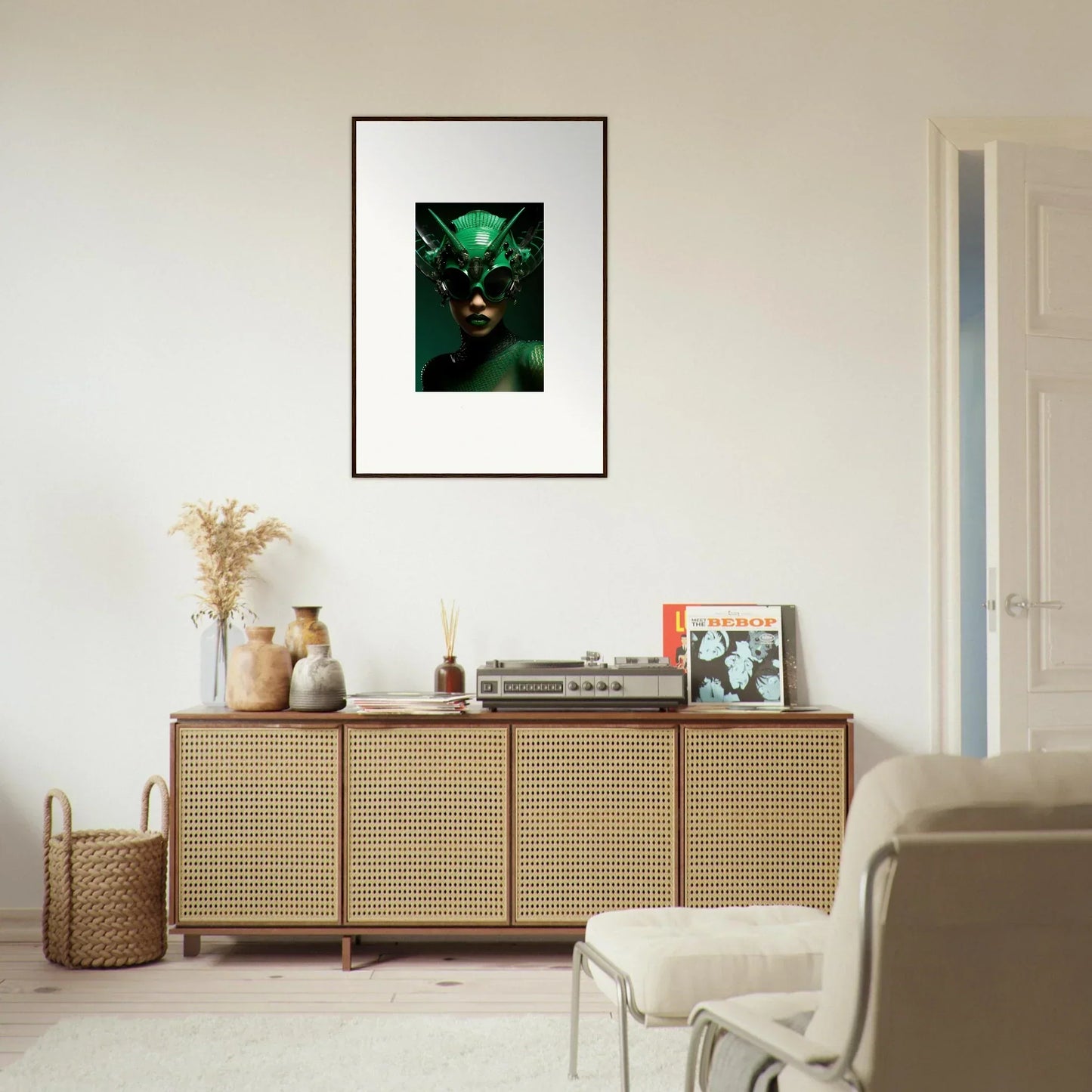 Wooden sideboard with cane-webbed doors and framed wall art, perfect for Nebula Empress room decor