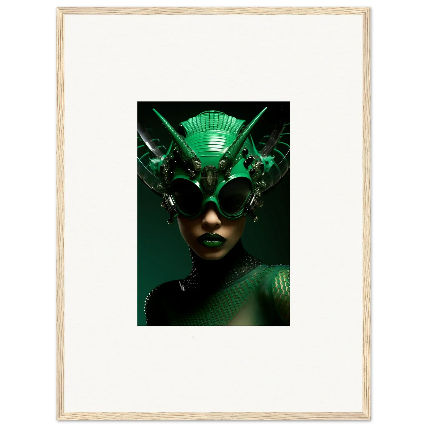 Futuristic green headpiece and oversized sunglasses for Nebula Empress room decor art