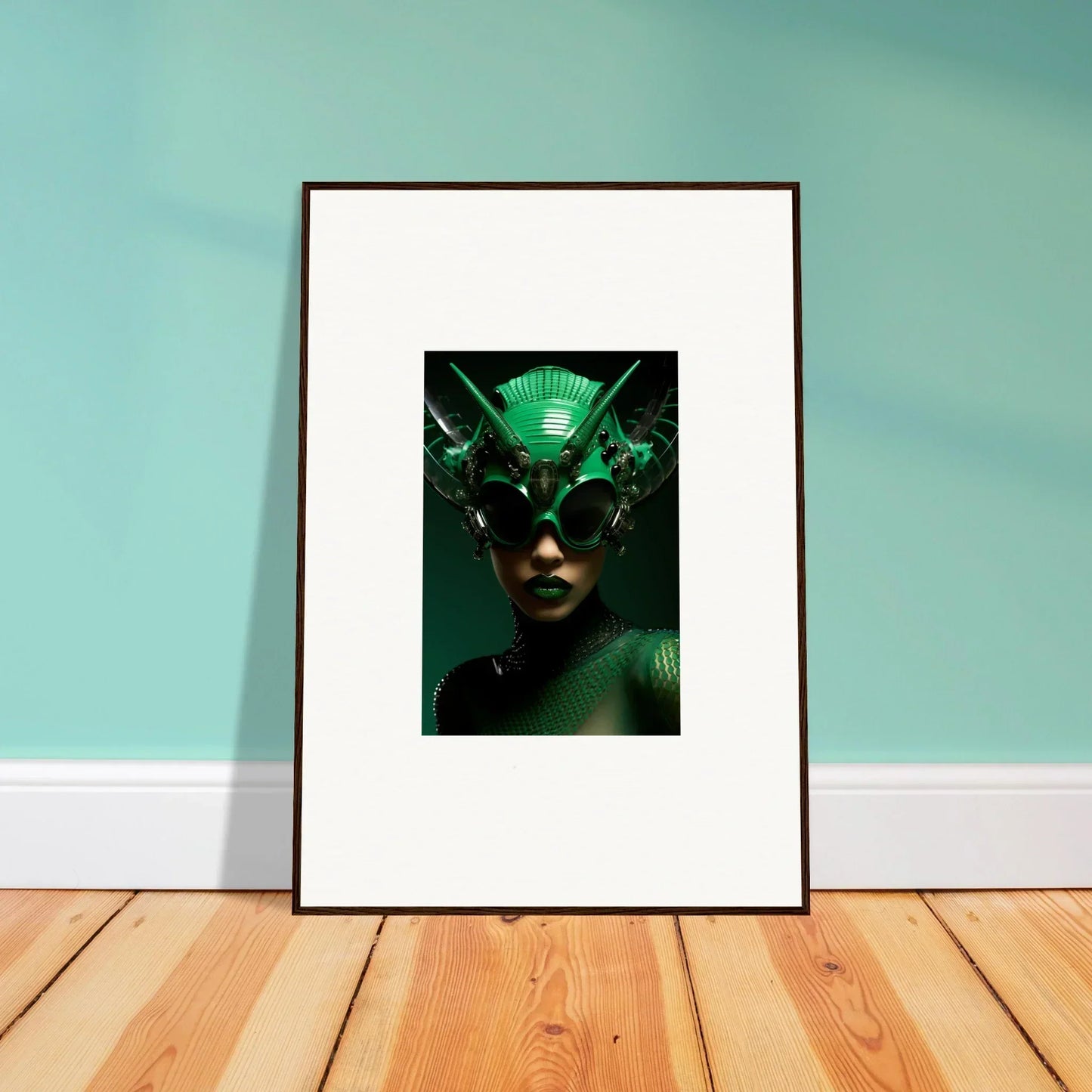 Framed wall art of Nebula Empress in green headdress and dark sunglasses