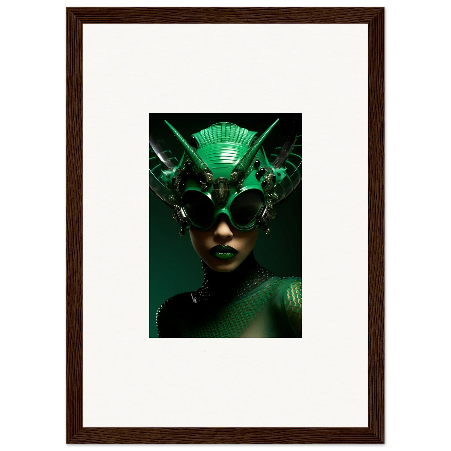 Futuristic green headpiece with metallic details from the Nebula Empress collection