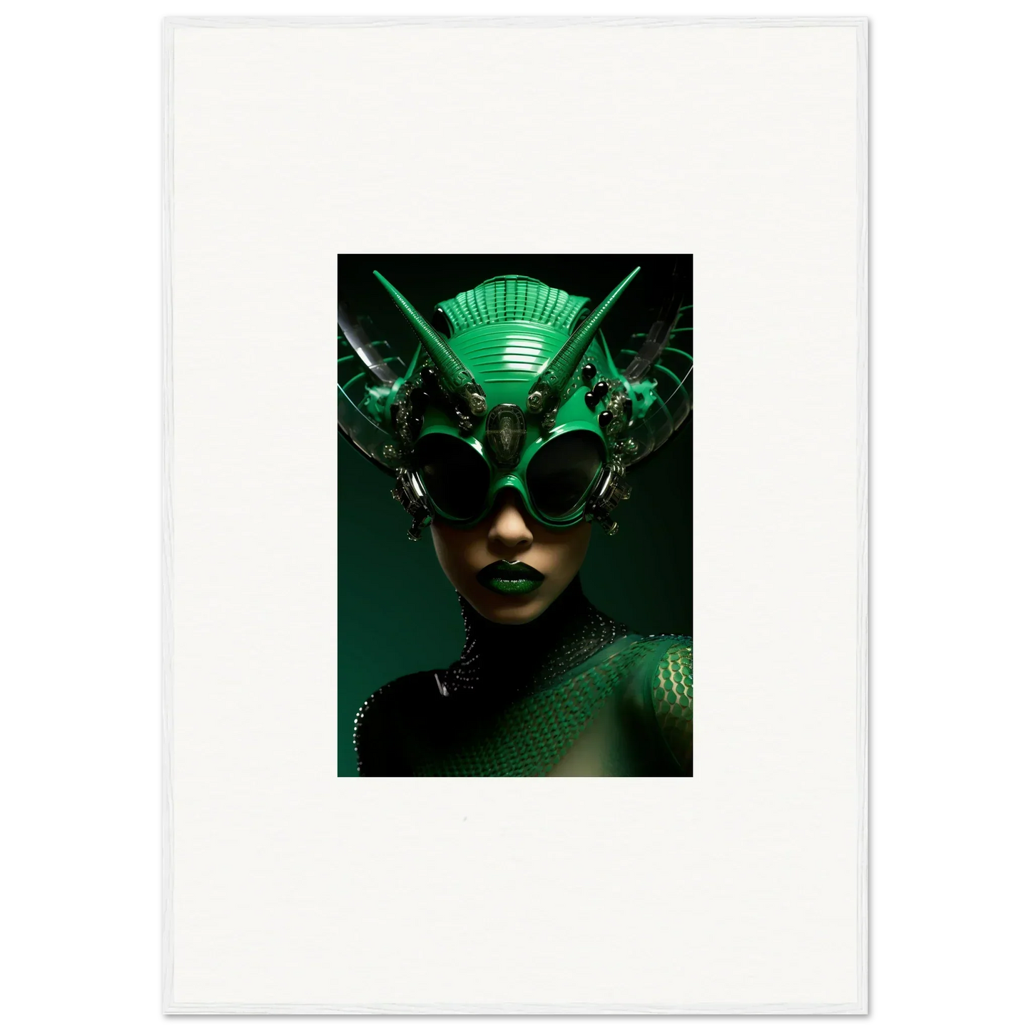 Futuristic green headpiece with metallic details from Neon Nebula Empress wall art