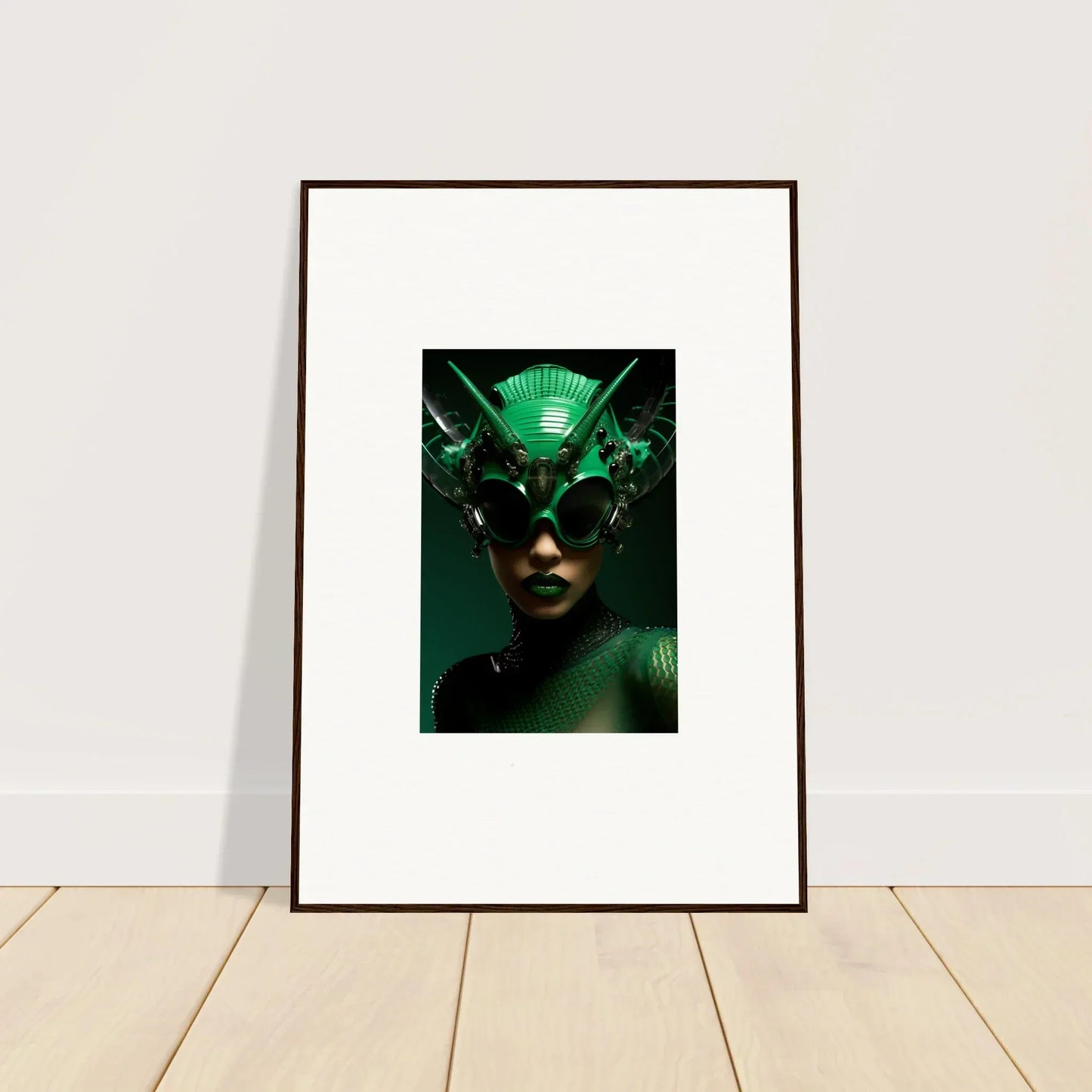 Framed wall art of a Nebula Empress in a green futuristic headpiece and sunglasses