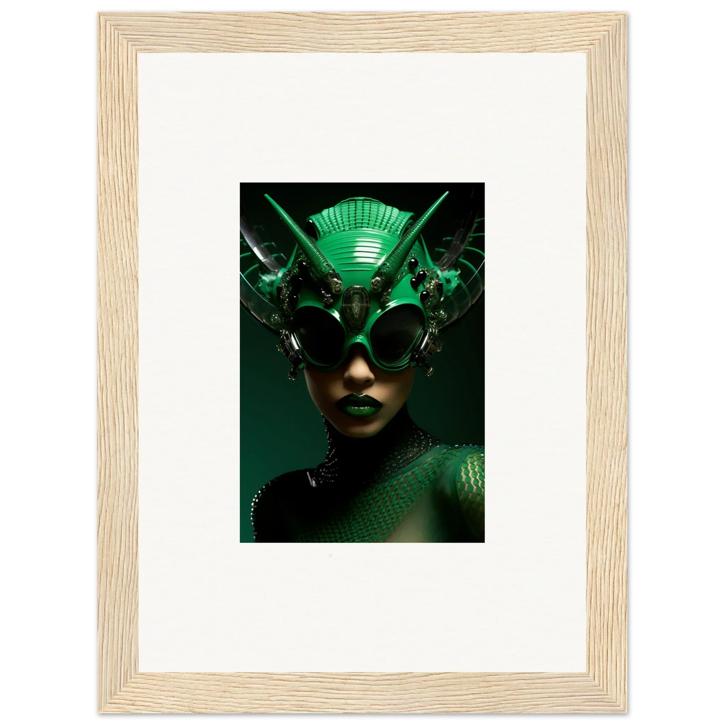Futuristic green headpiece with metallic elements for Nebula Empress room decor