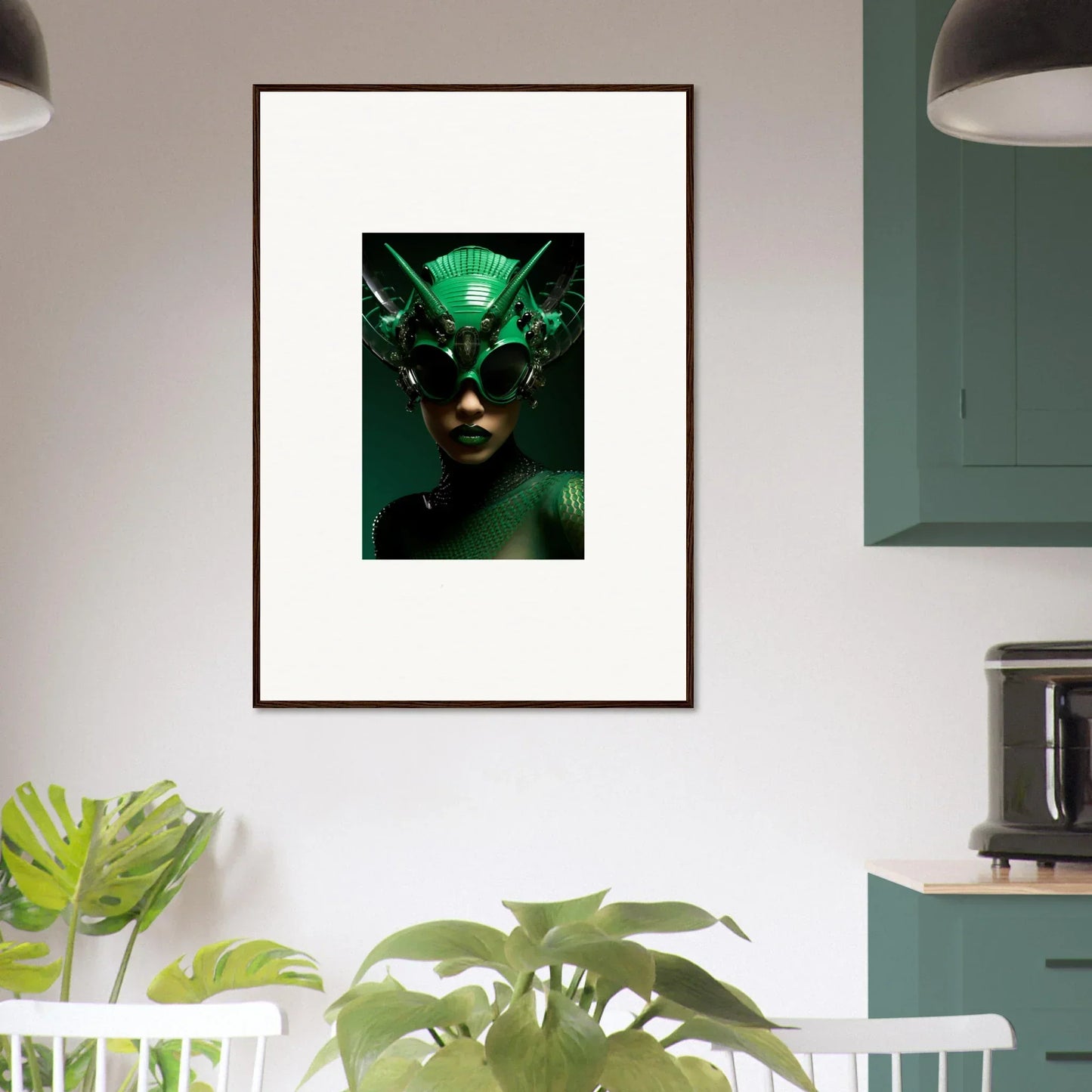 Framed wall art of a person in green headpiece and sunglasses, perfect room decor for Nebula Empress lovers