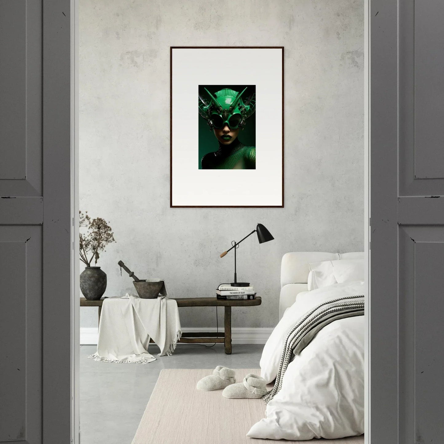 Framed wall art of a person in an ornate green headdress, perfect for Nebula Empress decor
