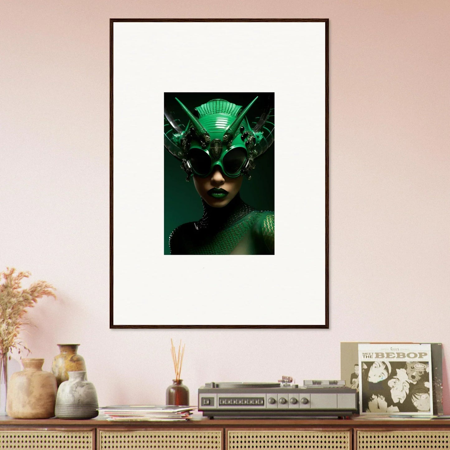 Framed wall art of a Nebula Empress with a green futuristic headpiece and sunglasses