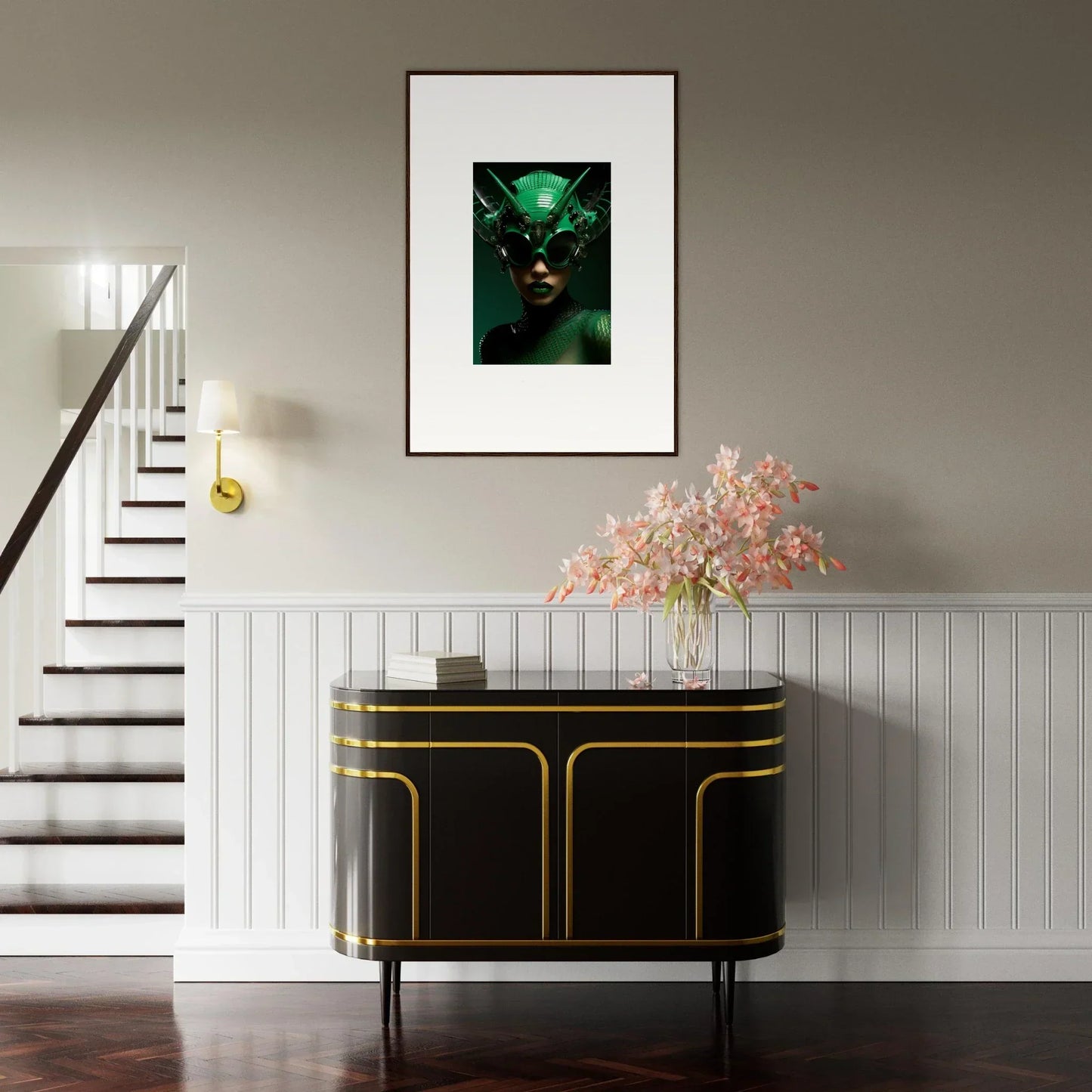 Framed wall art of a green-tinted Nebula Empress with dramatic lighting for room decor