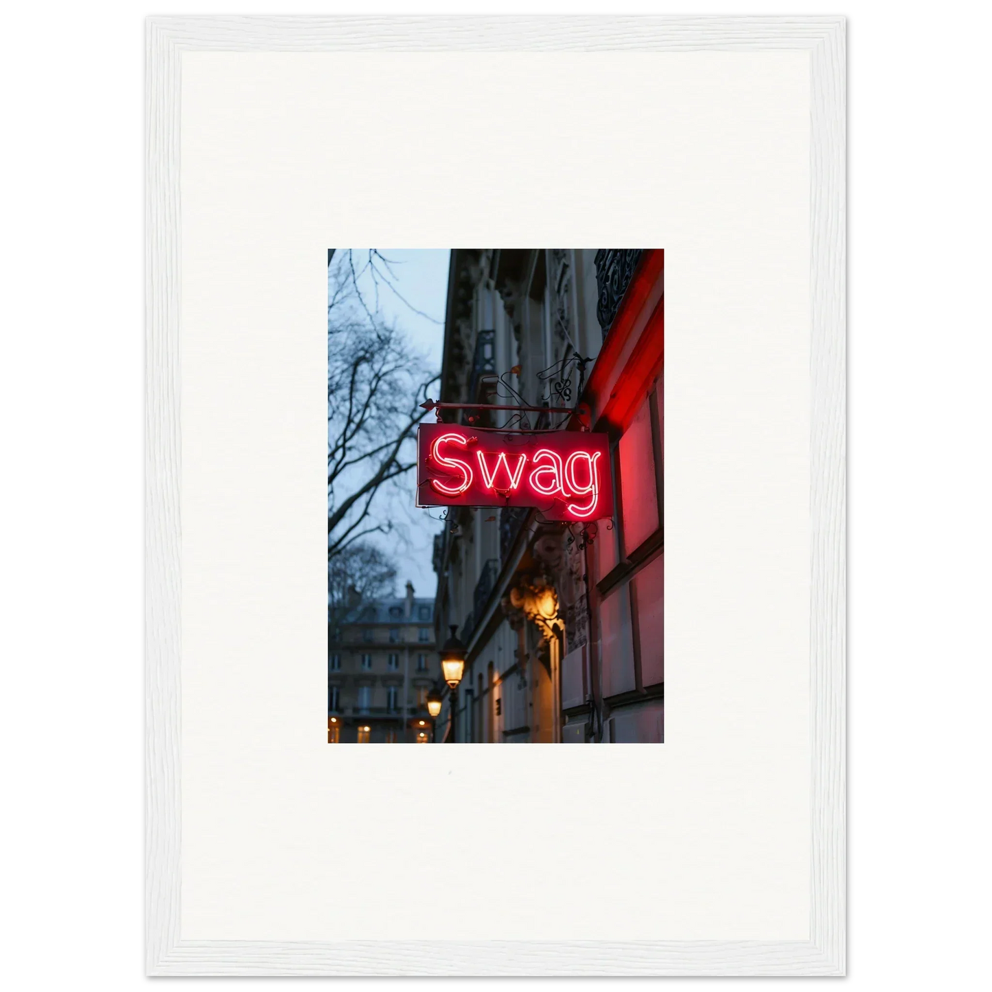Neon red Swag sign glowing on a building, perfect for night dreams or room decoration