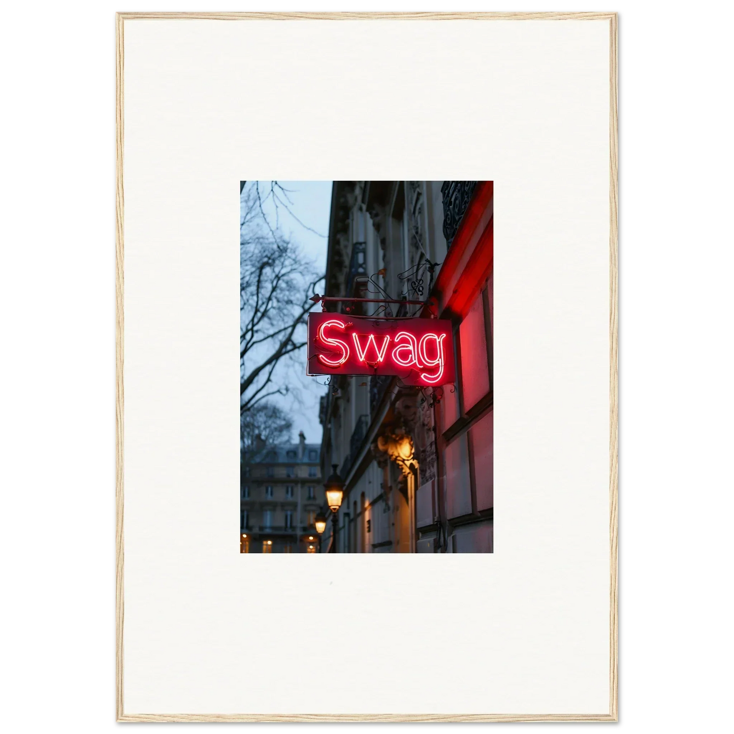 Neon red Swag sign glowing on building, perfect for night dreams room decoration