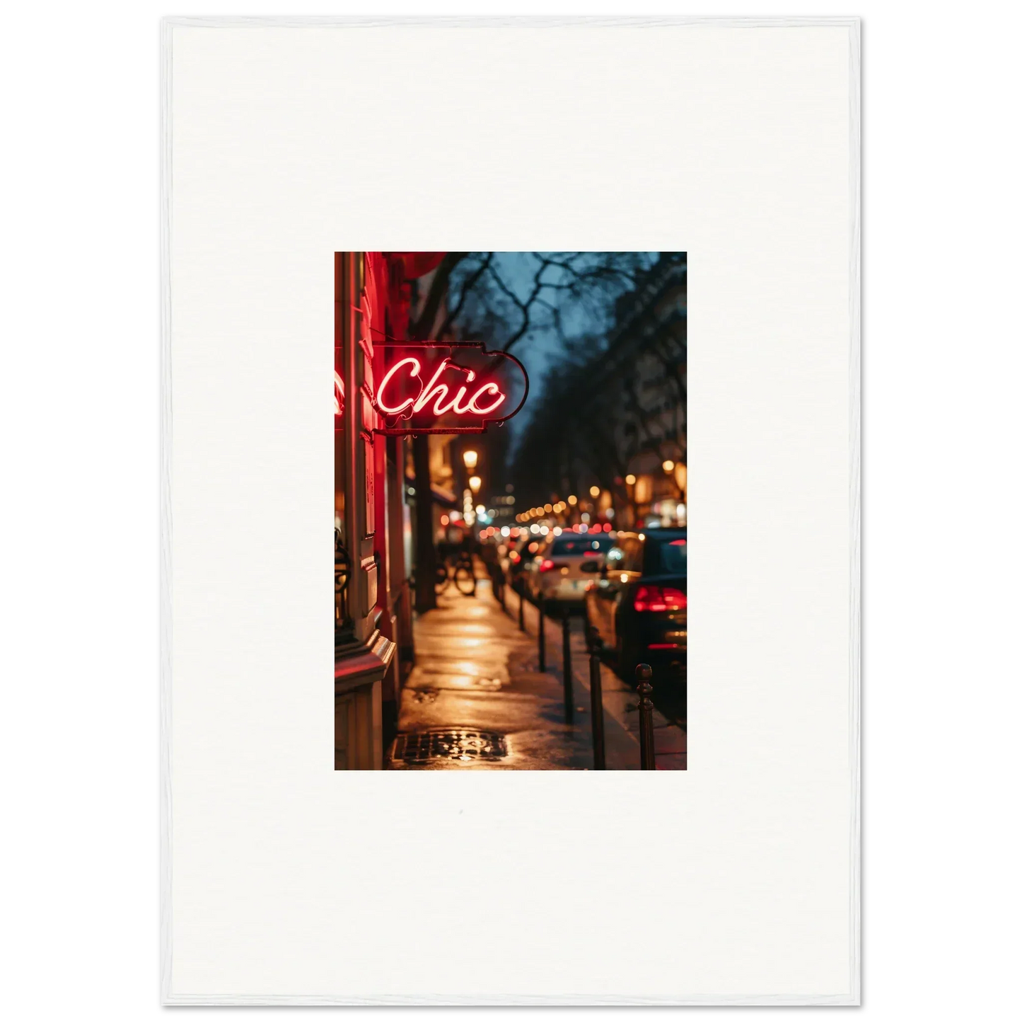 Neon Chic sign lighting up a city street for stylish room decoration or wall art