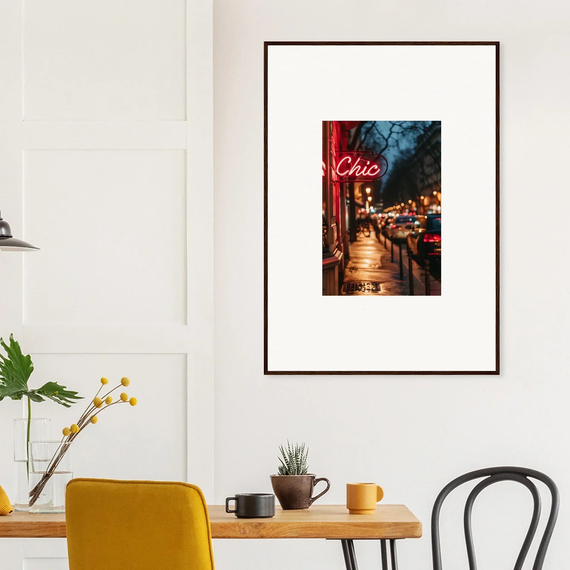 Framed photograph of a rainy city street with neon Chic sign - perfect wall art for room decoration