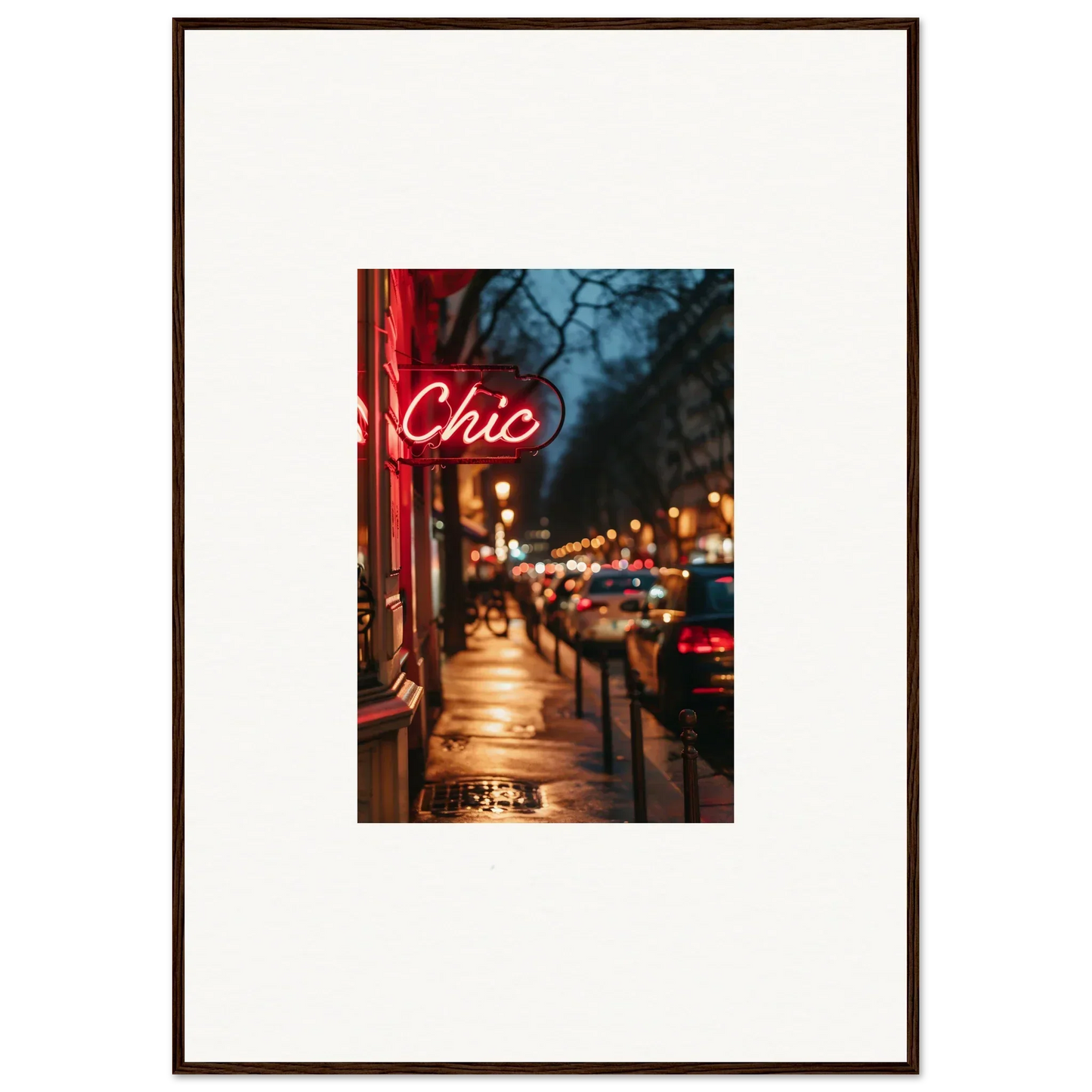 Framed wall art of a neon Chic sign on a nighttime city street for room decoration