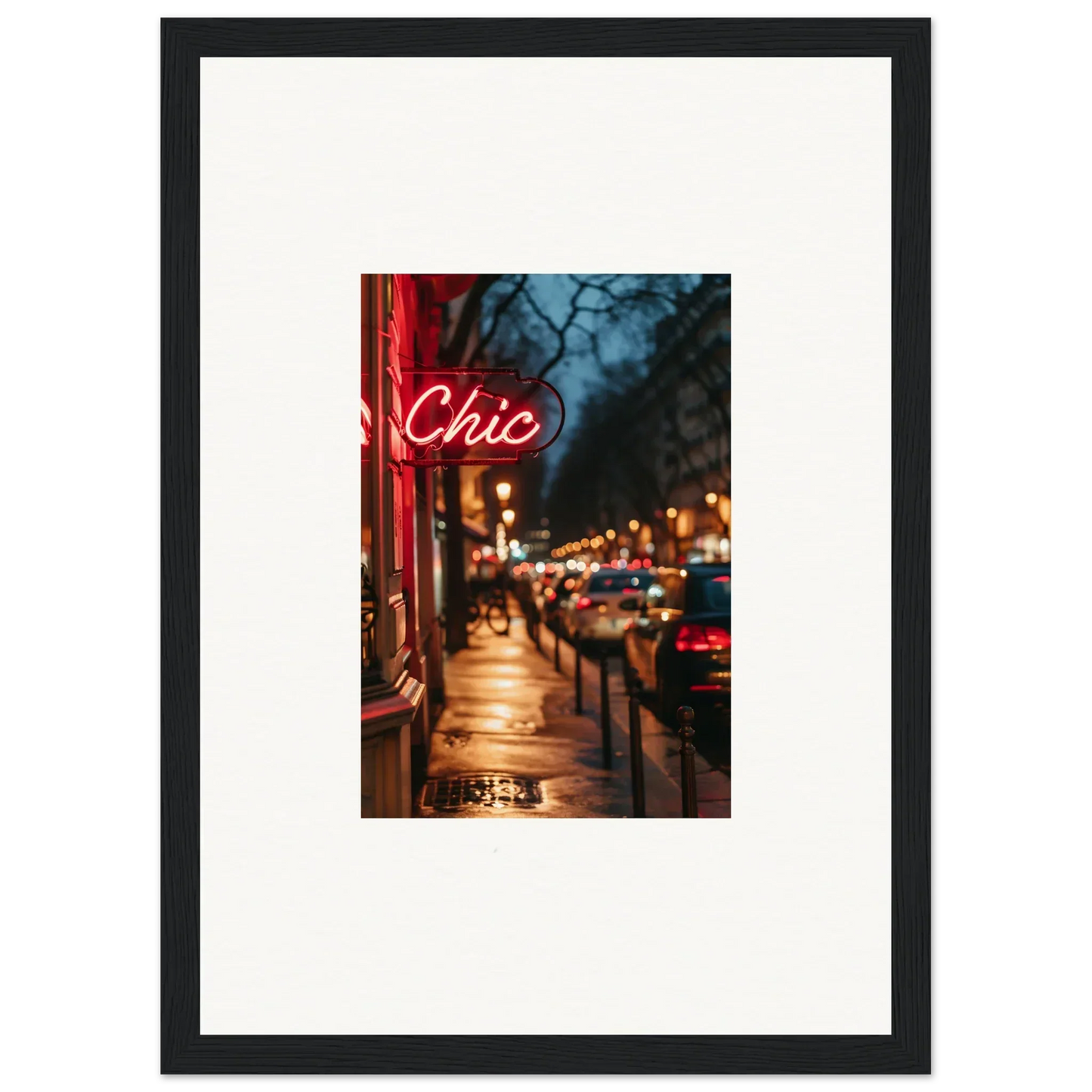 Framed photograph of a neon Chic sign for trendy room decoration wall art