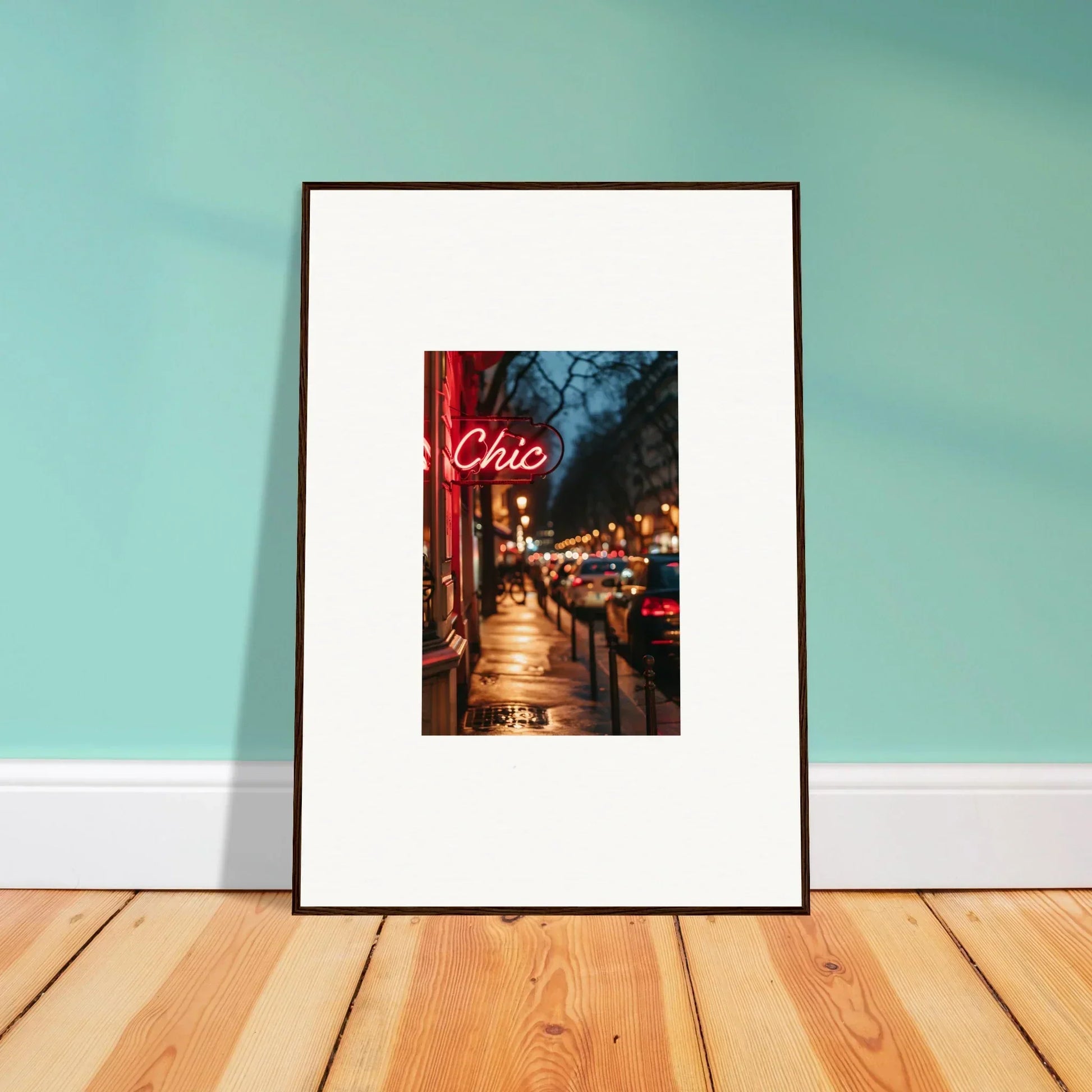 Framed wall art of a neon Chic sign on a city street for stylish room decoration