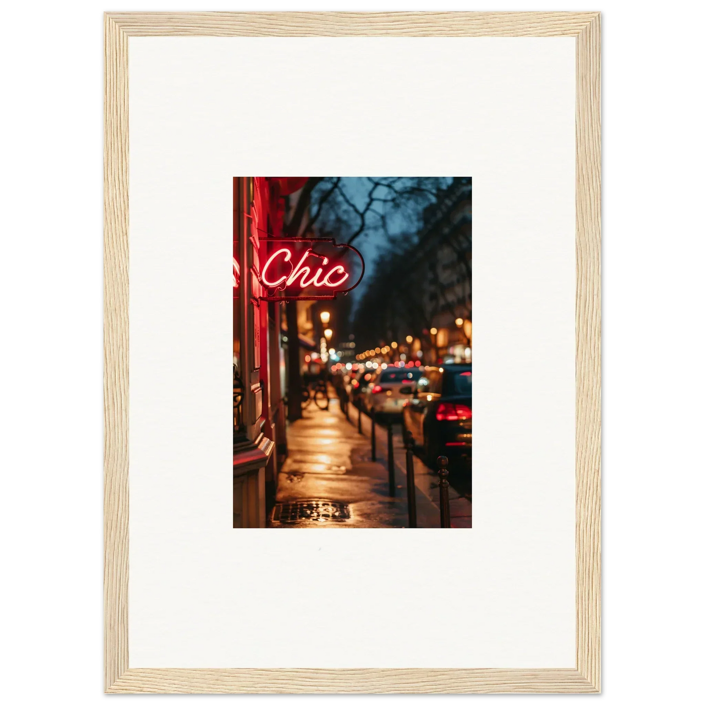 Framed neon Chic sign on a city street, perfect for wall art and room decoration