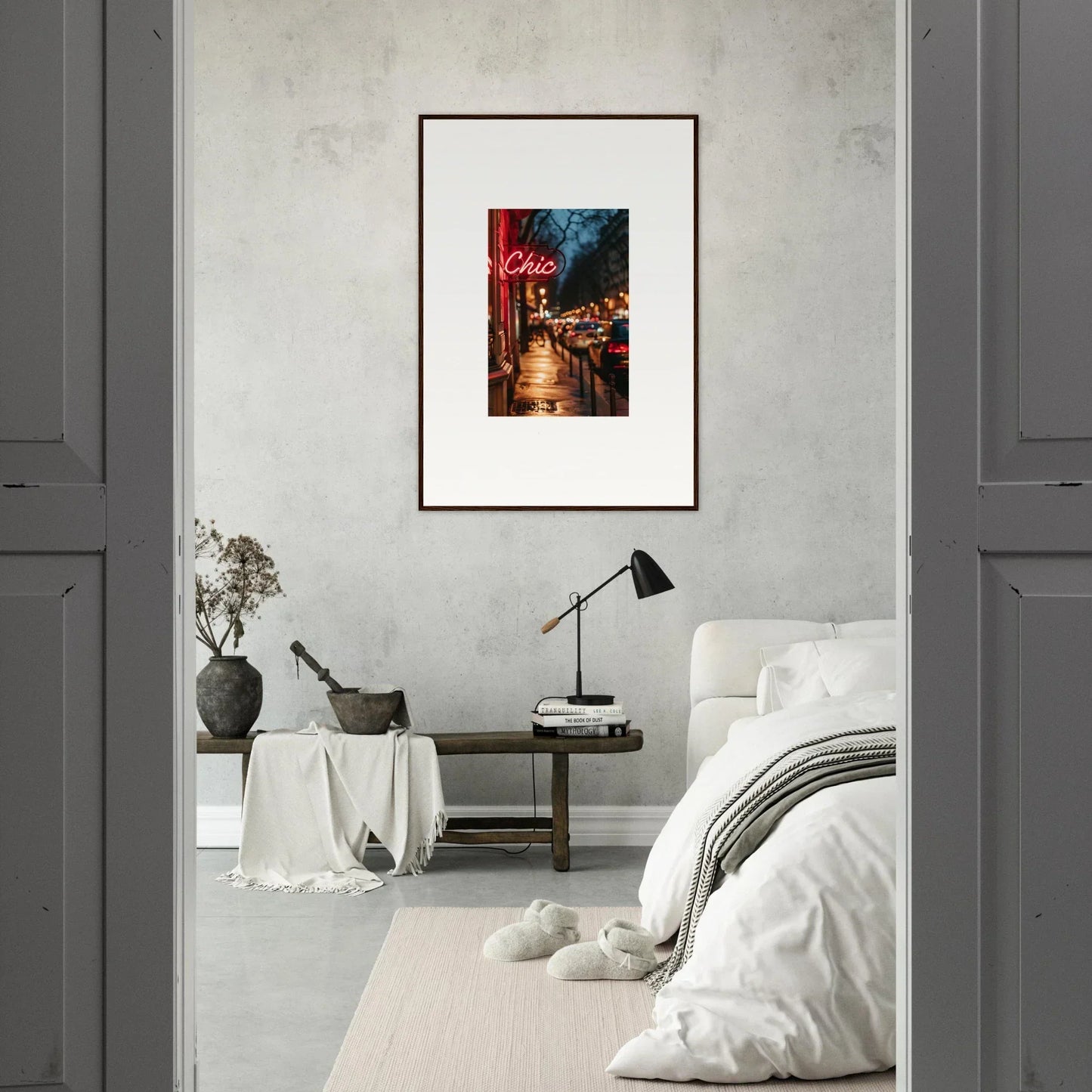 Framed wall art of a colorful nighttime city street scene for trendy room decoration