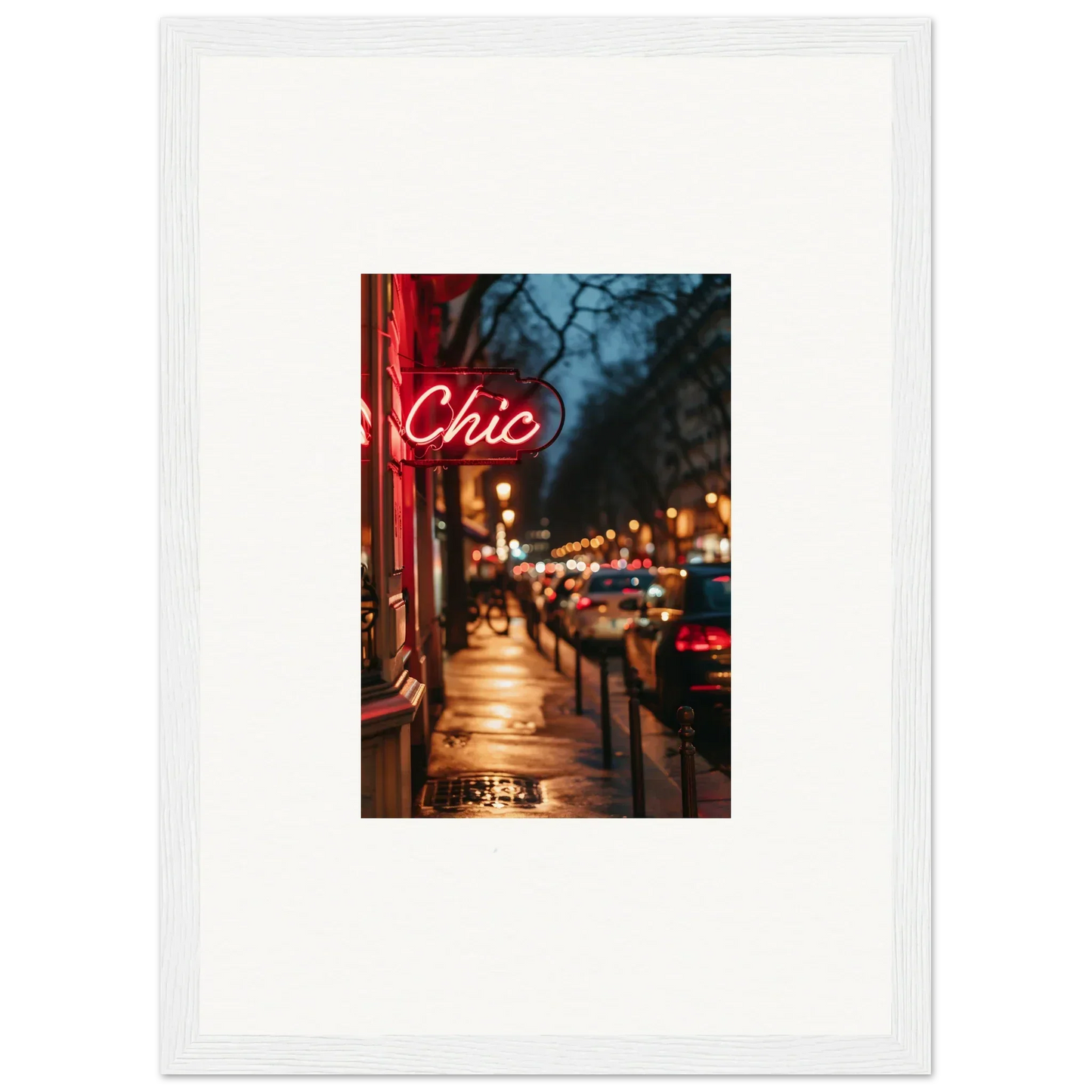 Framed wall art of a neon Chic sign lights up city street, perfect for room decoration