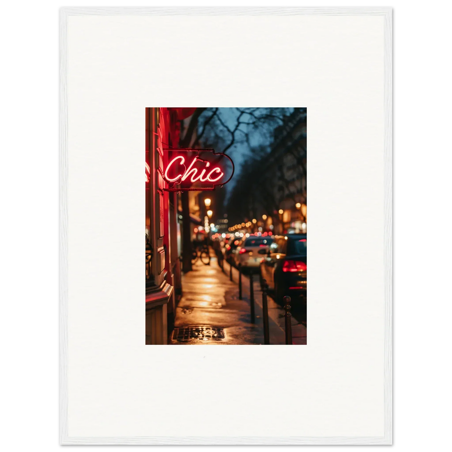 Framed wall art of a city street at night with Chic neon sign for cool room decoration