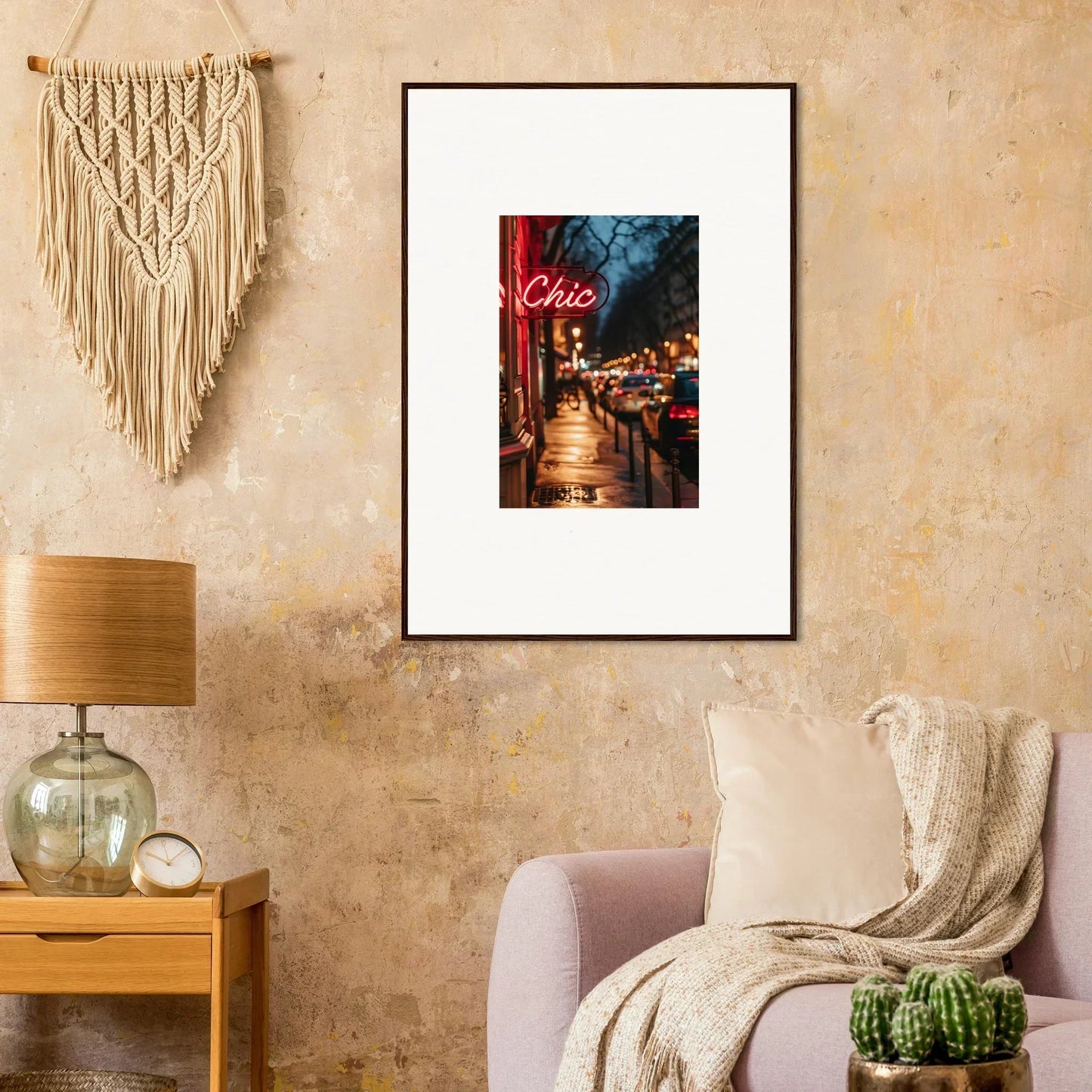 Framed canvas print of a rainy city street with a neon Cafe sign for stylish room decoration