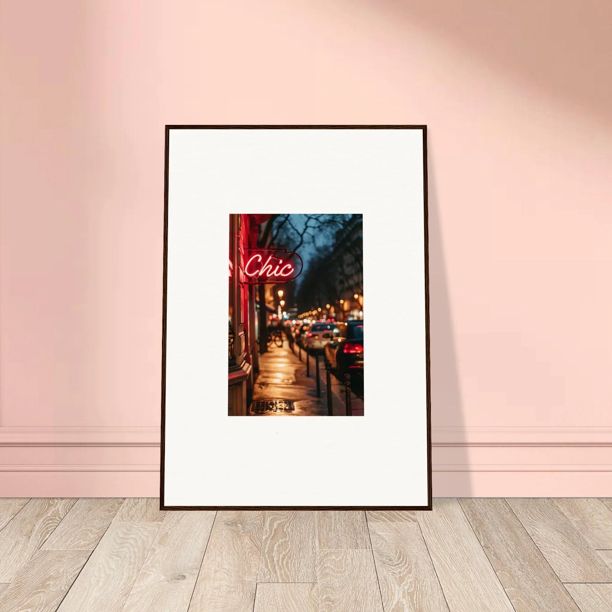 Framed nighttime city street photo with Chic neon sign, perfect wall art for room decoration