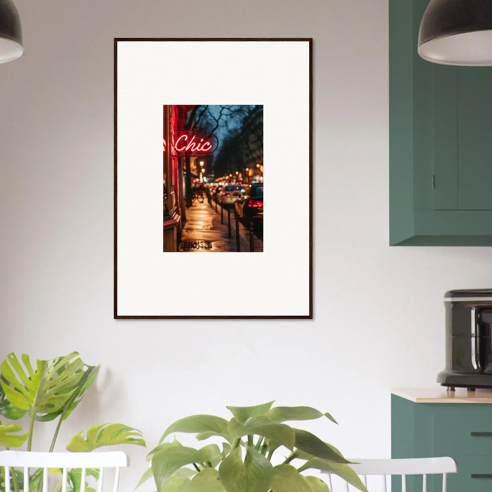 Framed nighttime city street wall art featuring a neon Chic sign for stylish room decoration