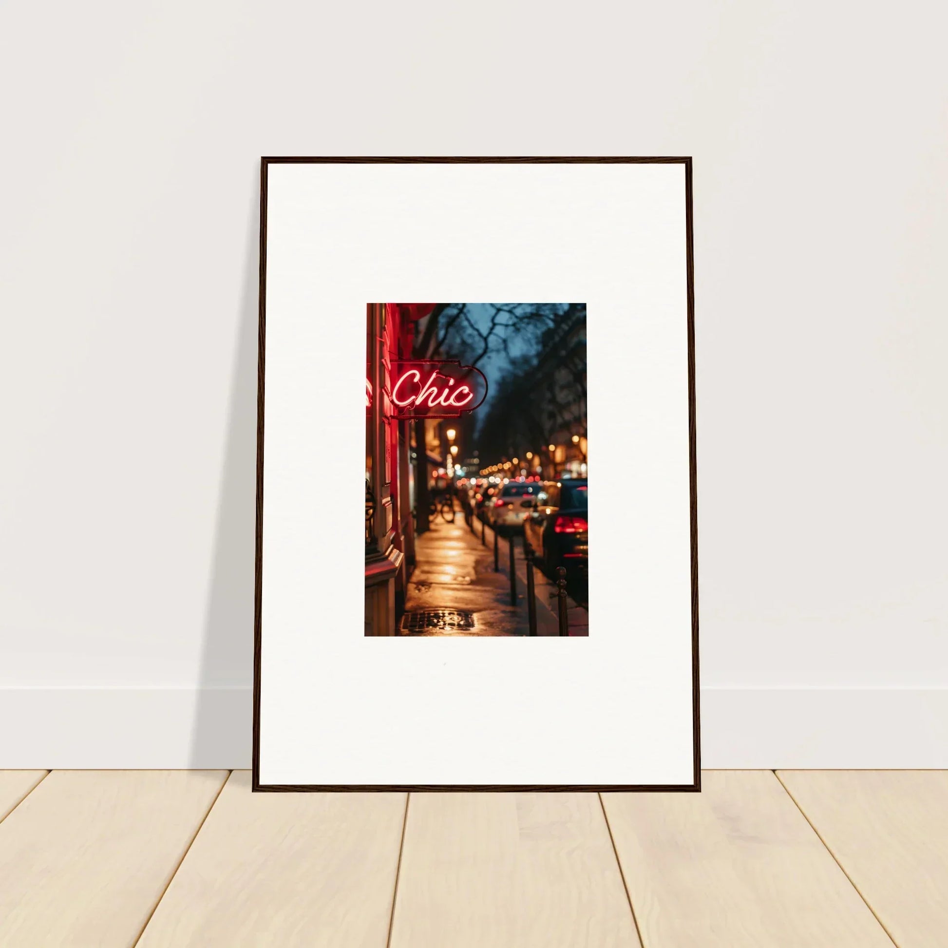 Framed canvas print of a neon Chic sign on a city street for stylish room decoration