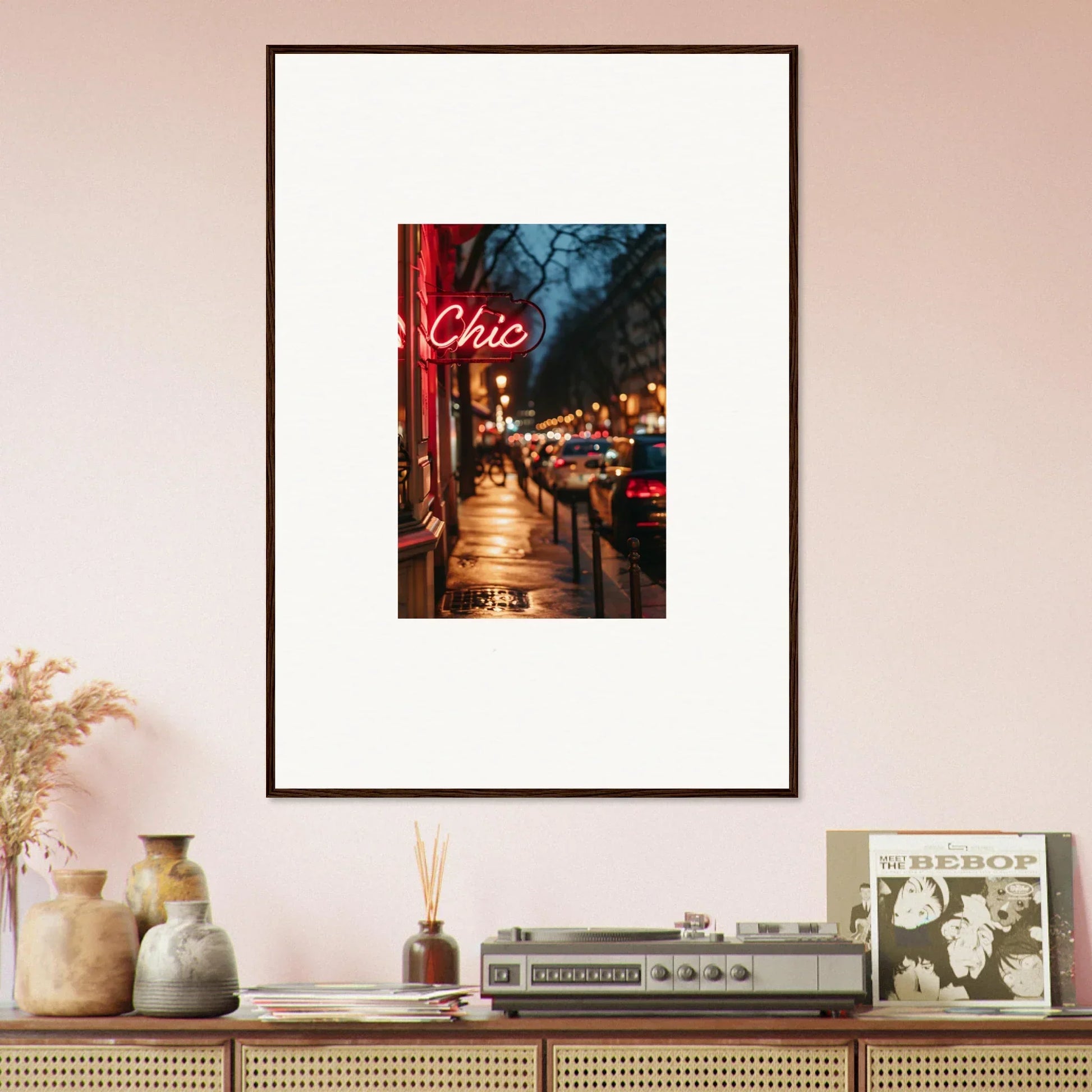 Framed wall art of a city street with neon Chic sign, perfect for room decoration