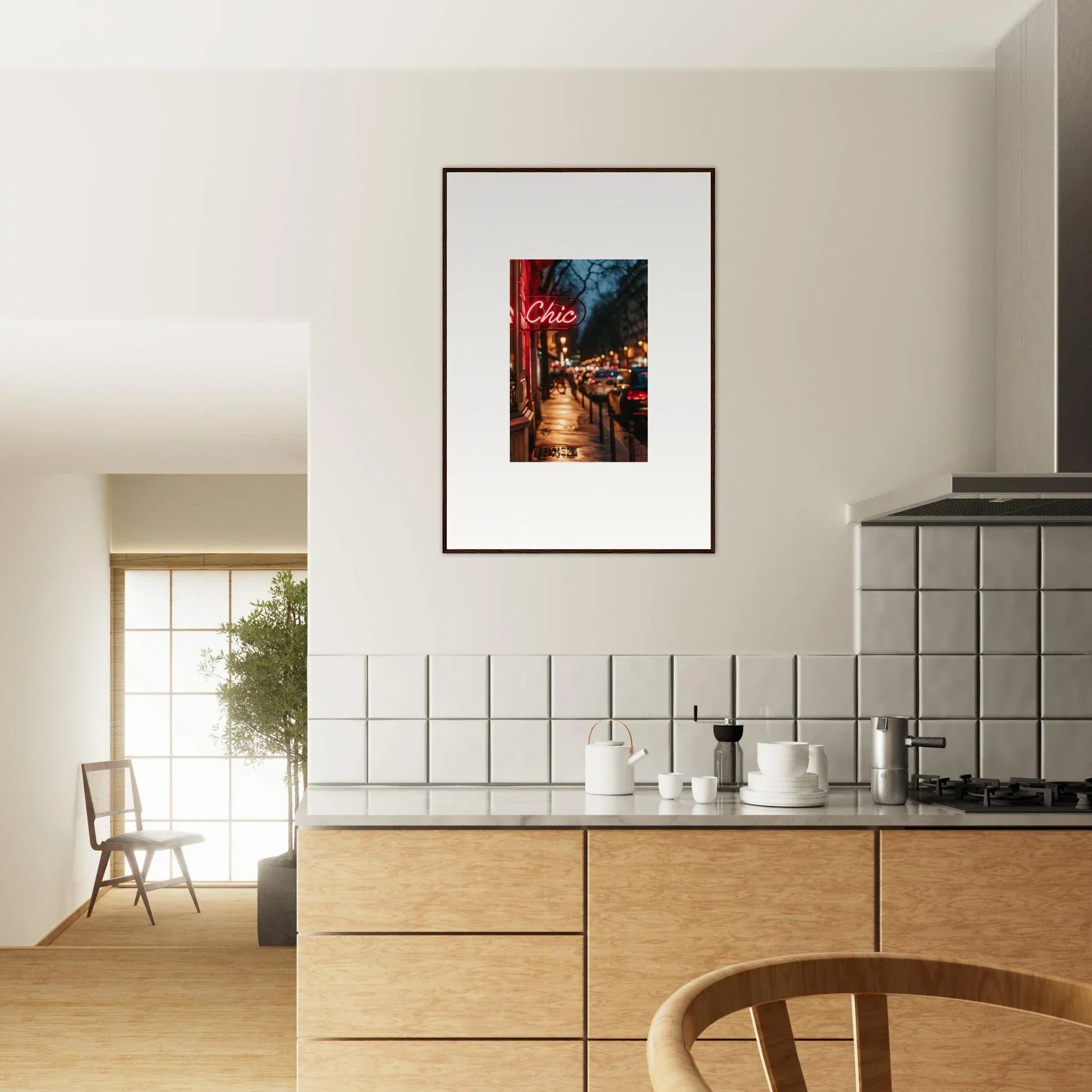 Framed canvas print of a rainy city street at night for cool wall art decor