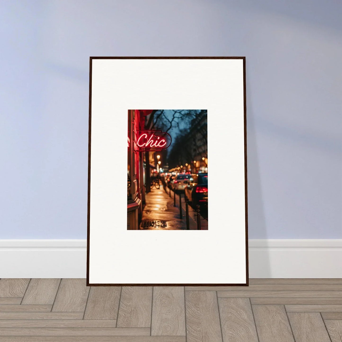 Framed canvas print of a neon Chic sign on a city street for cool room decoration