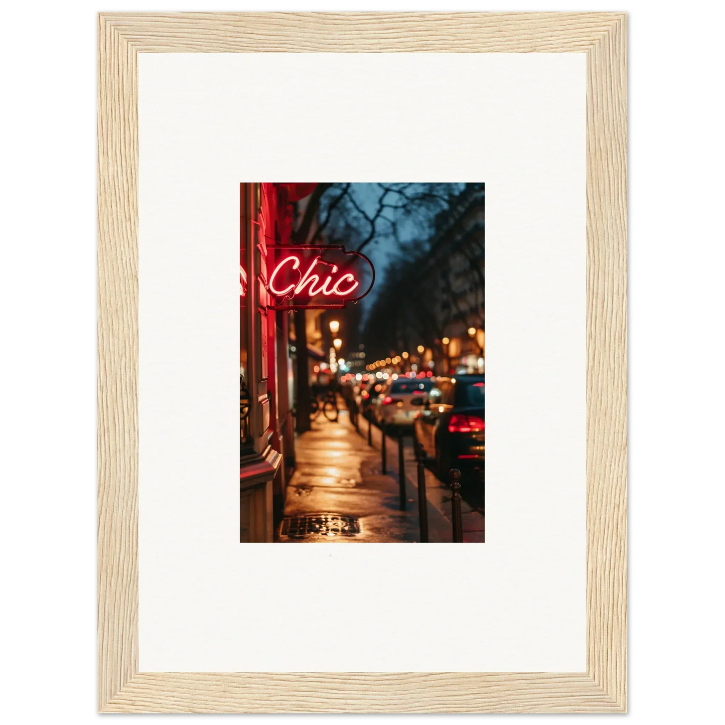 Framed neon Chic sign on a city street perfect for room decoration wall art