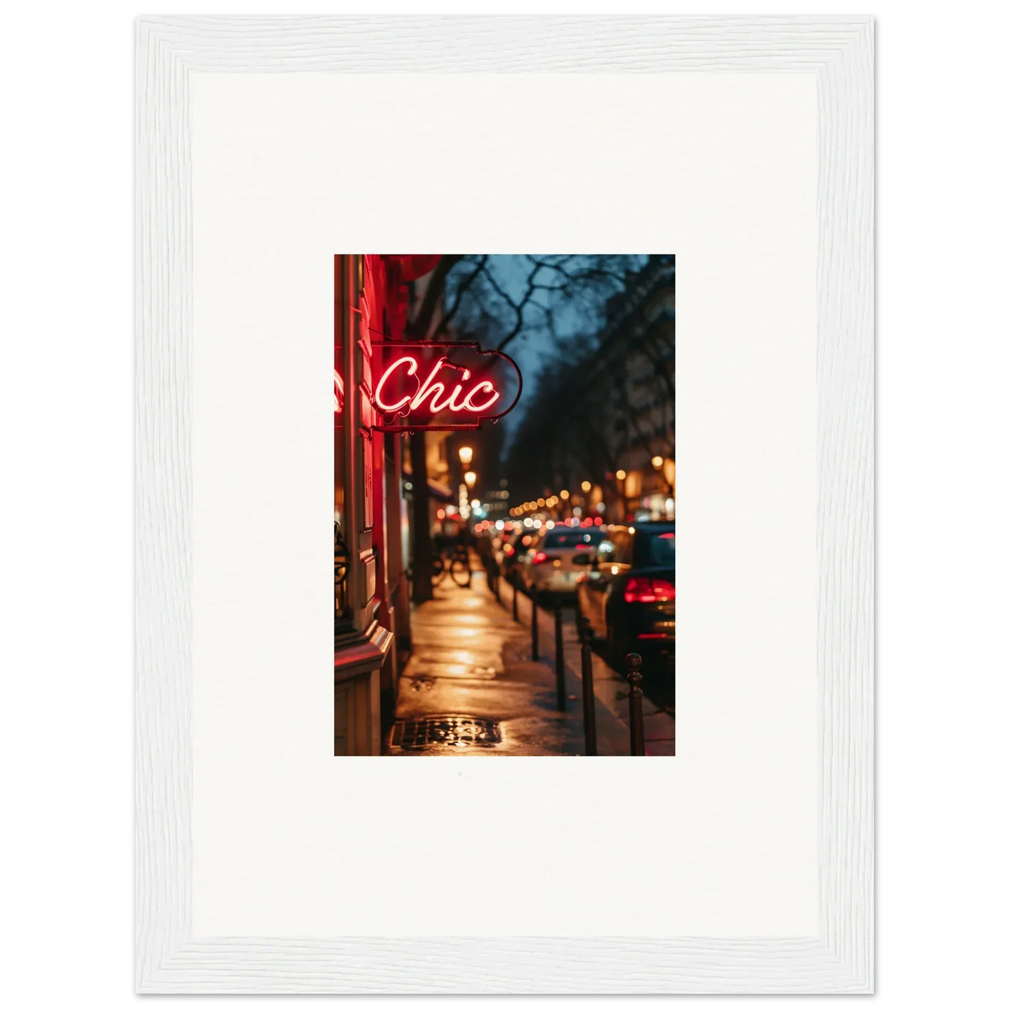 Framed wall art of a city street at night with neon Chic sign for chic room decoration