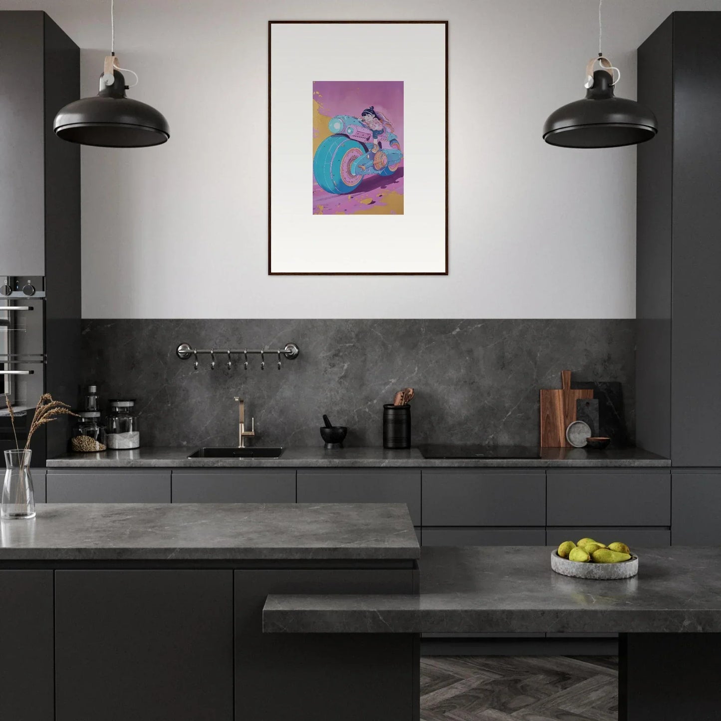 Modern dark gray kitchen featuring a colorful Ripples Palette canvas print for room decoration