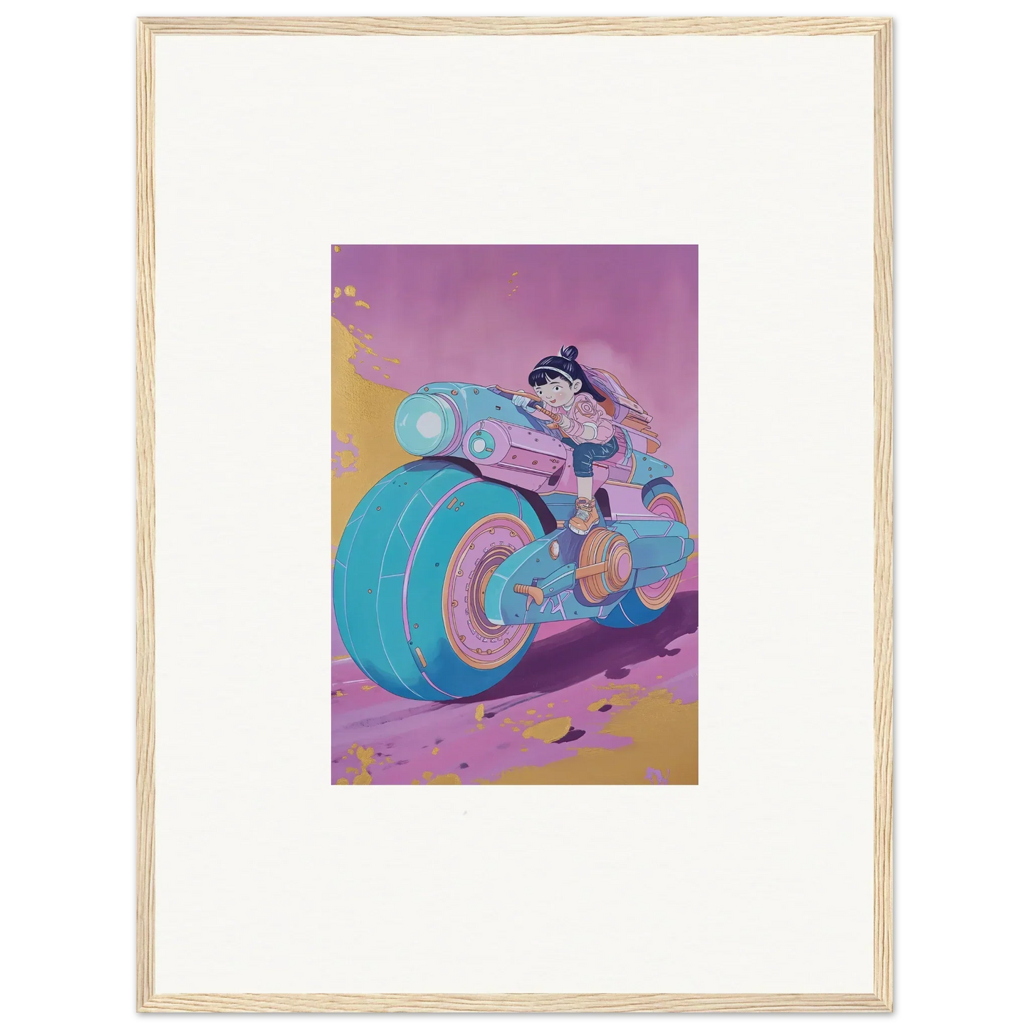 Colorful cartoon of a person on a futuristic motorcycle for room decoration canvas print