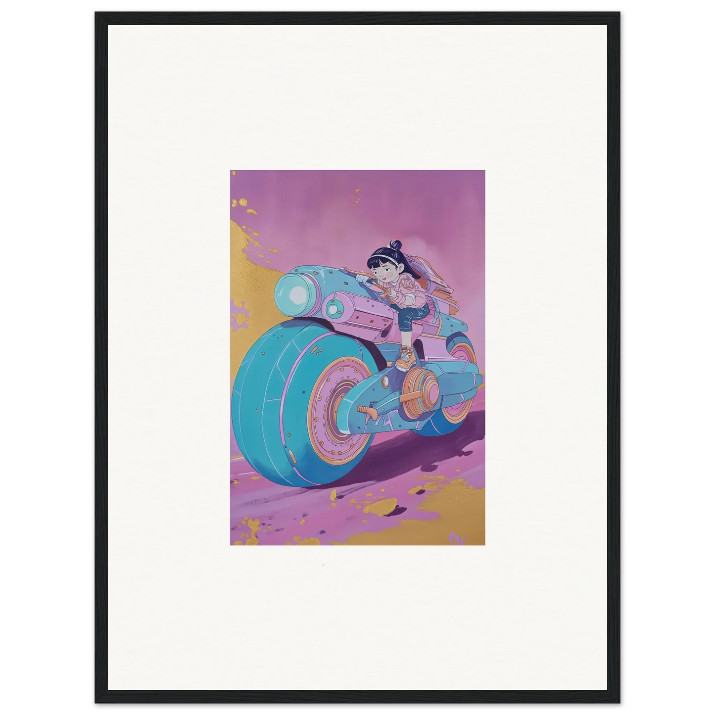 Stylized character on a cool motorcycle from the Neon Ripples Palette for fun room decoration