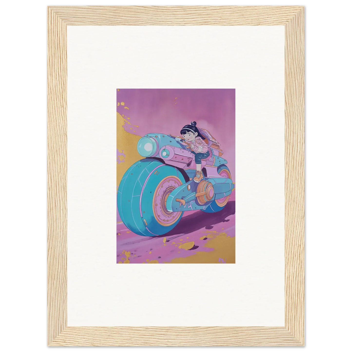 Cartoon character on cool blue and pink motorcycle with Neon Ripples Palette design