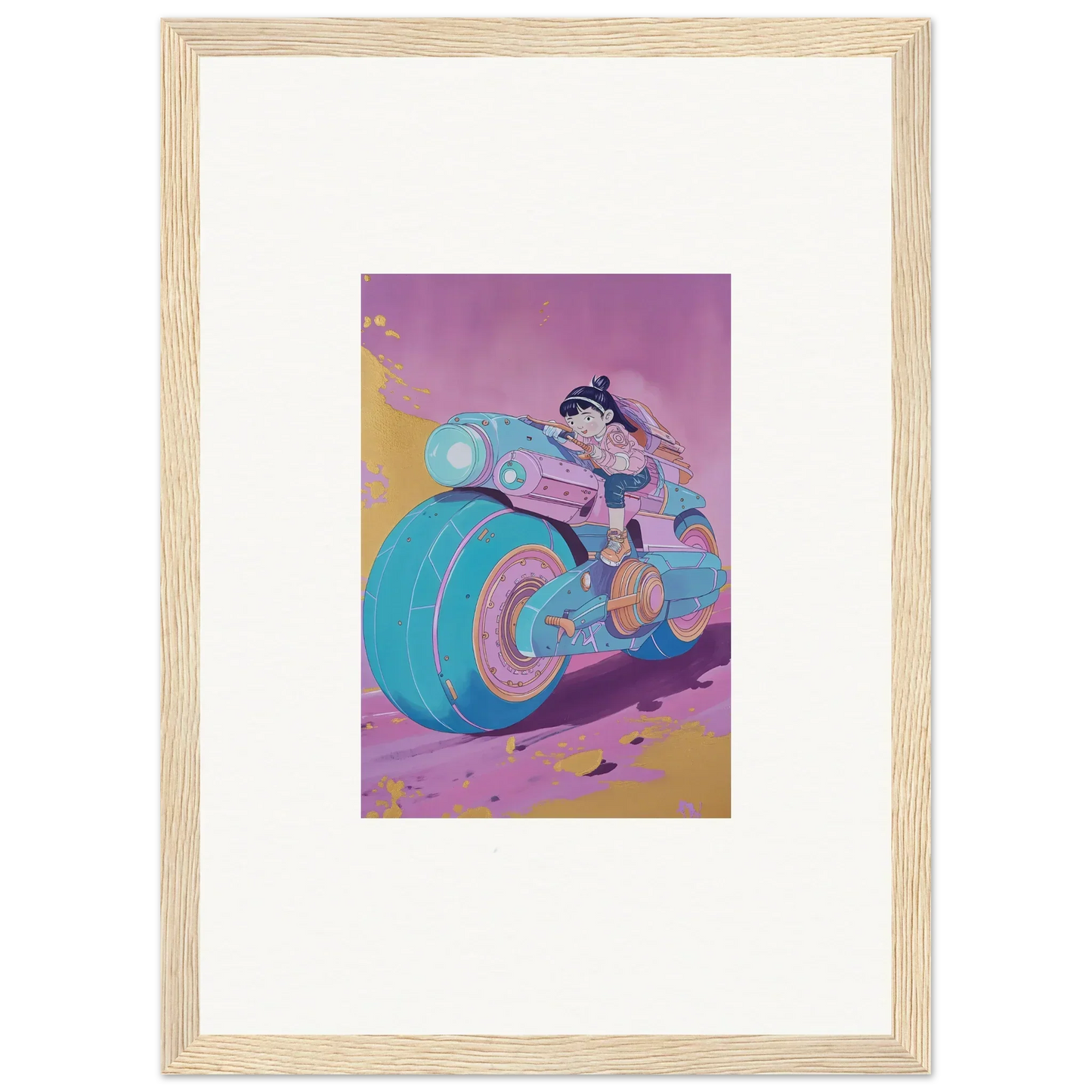 Colorful cartoon character on futuristic motorcycle, perfect for a Neon Ripples Palette canvas print
