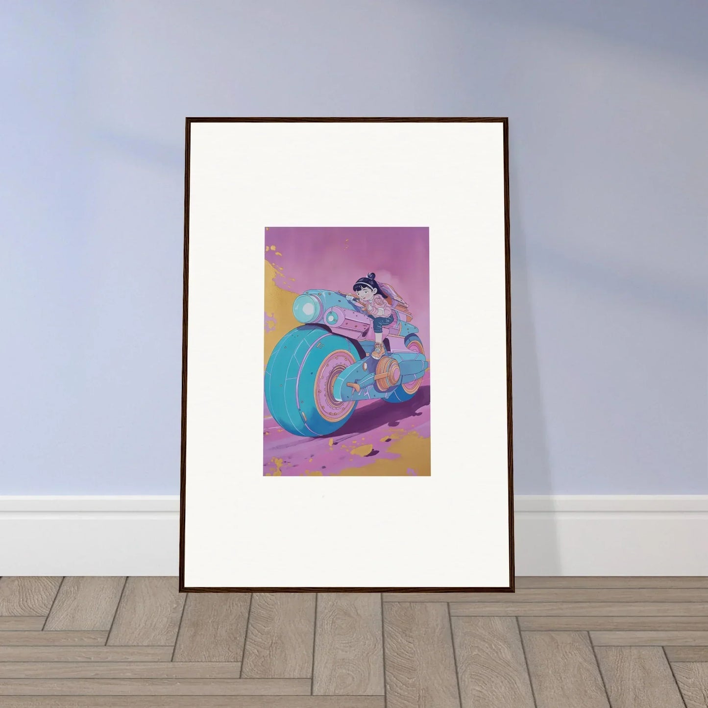 Framed canvas print of a cartoon character on a blue motorcycle, perfect for room decoration