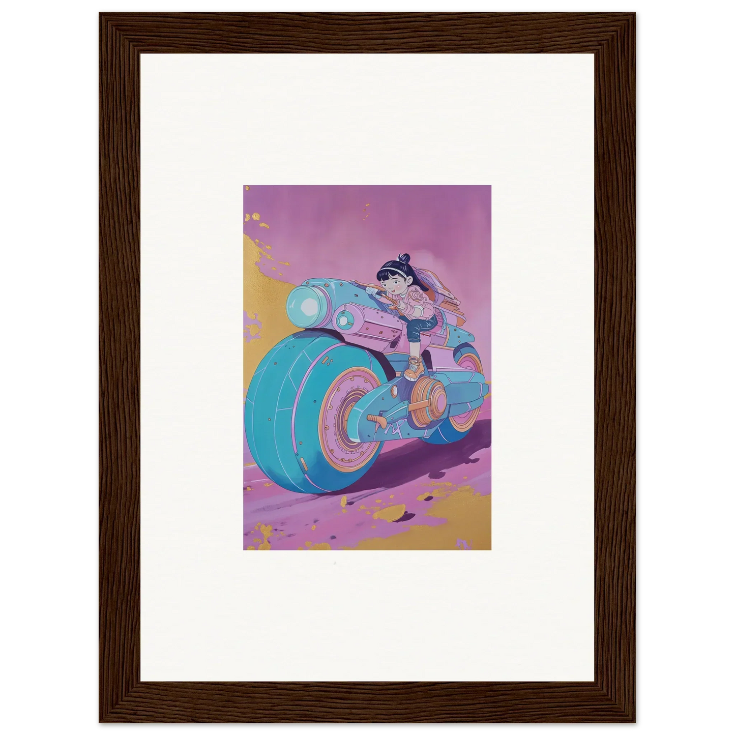 Colorful cartoon motorcycle with riders zipping by, perfect for a Neon Ripples Palette canvas print
