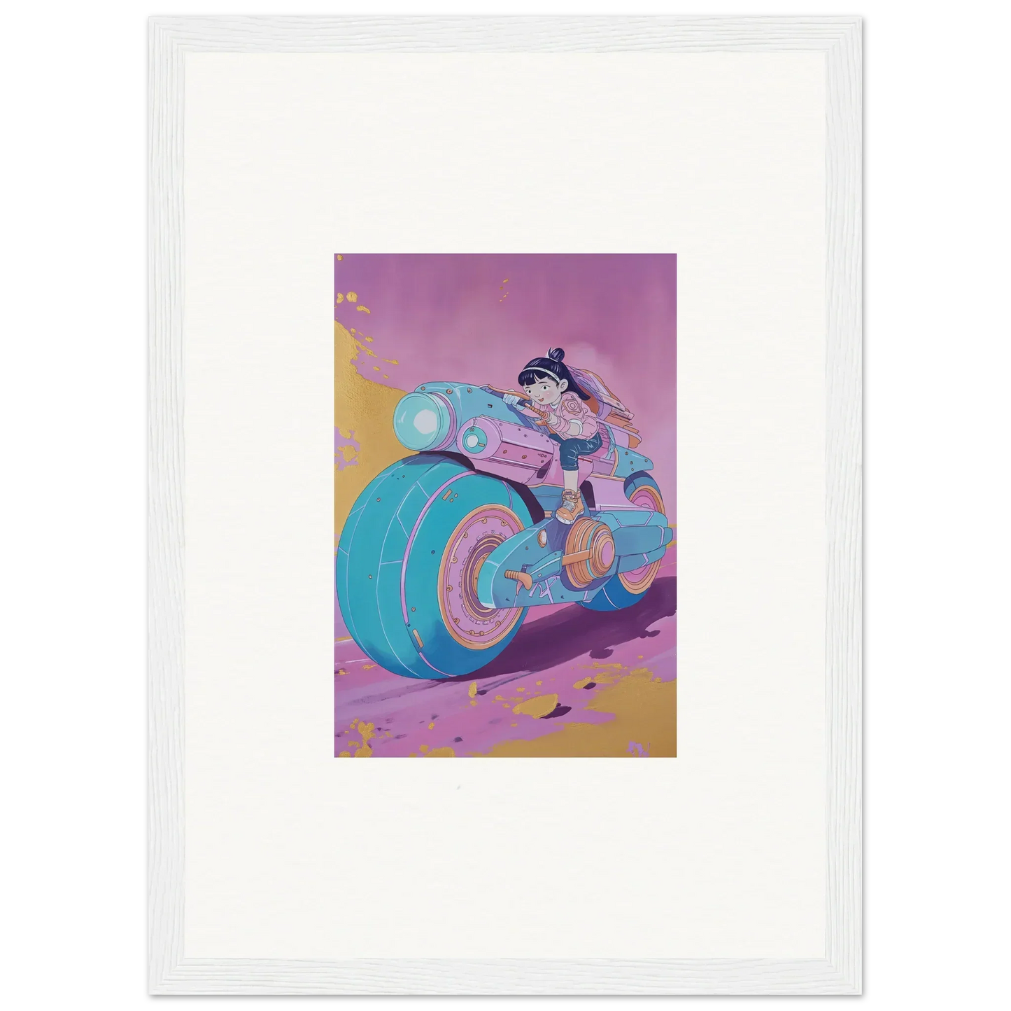 Colorful cartoon motorcycle and rider in motion for a fun canvas print in the Ripples Palette