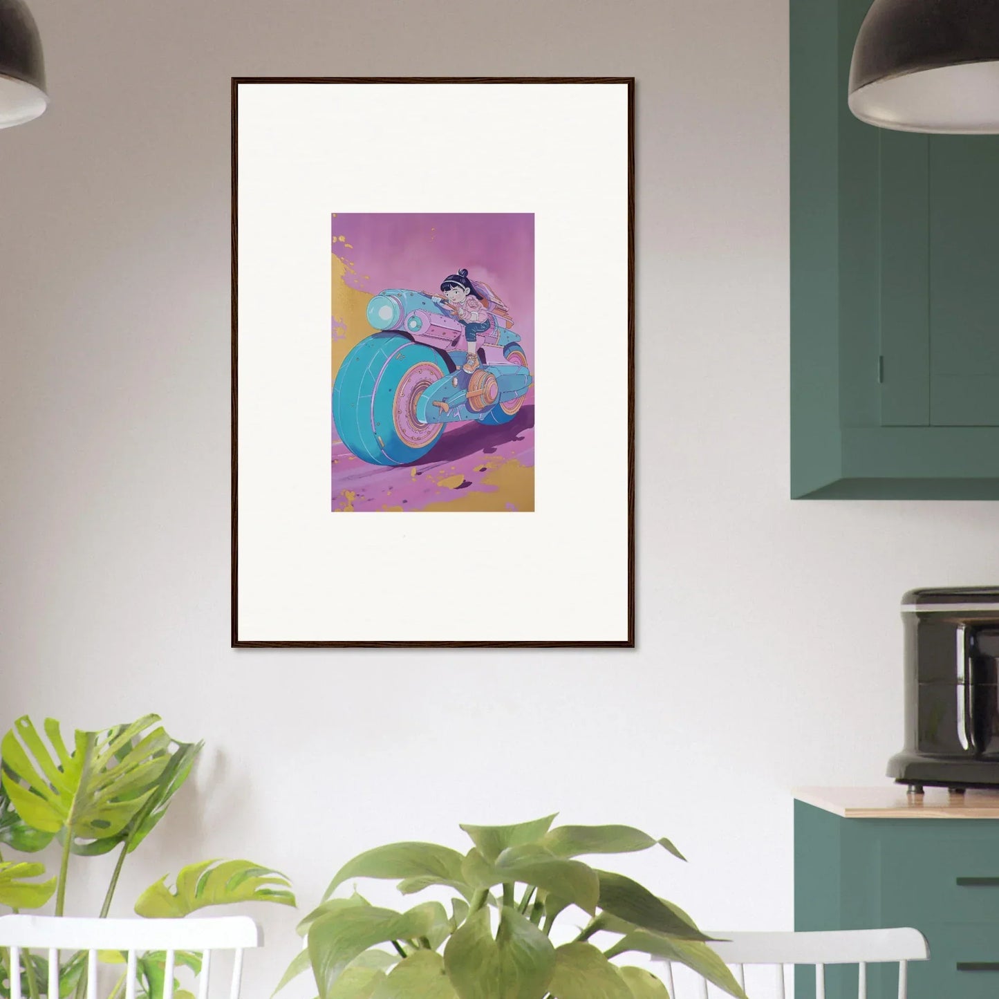 Colorful cartoon motorcycle illustration perfect for room decoration with Neon Ripples Palette
