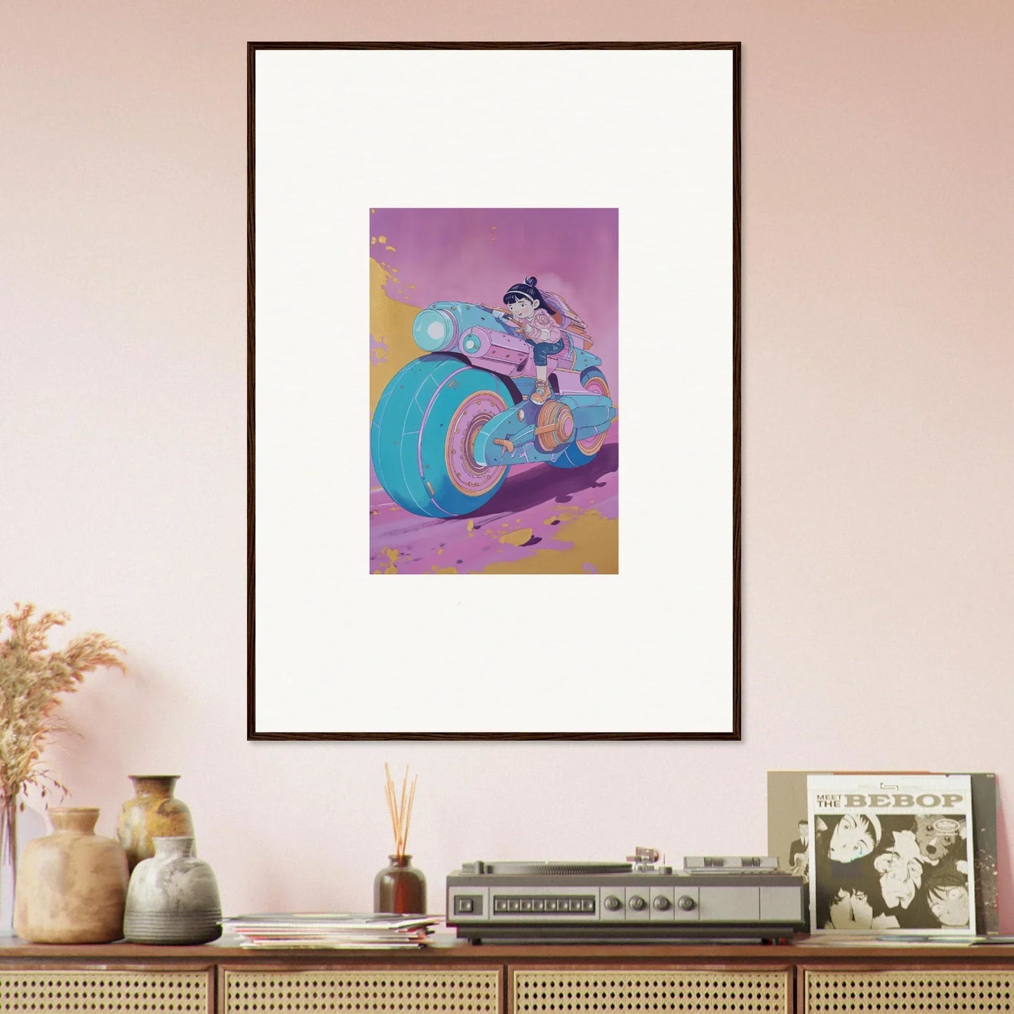 Framed canvas print of a stylized motorcycle in vibrant blue and pink for room decoration