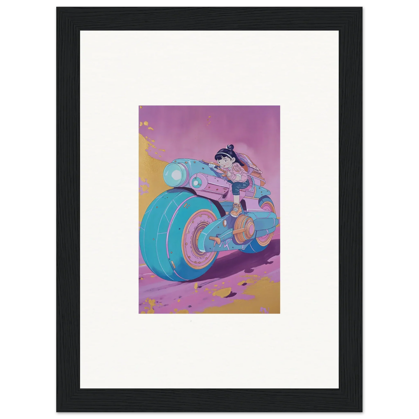 Cartoon motorcycle with characters, perfect for a fun canvas print with Neon Ripples Palette