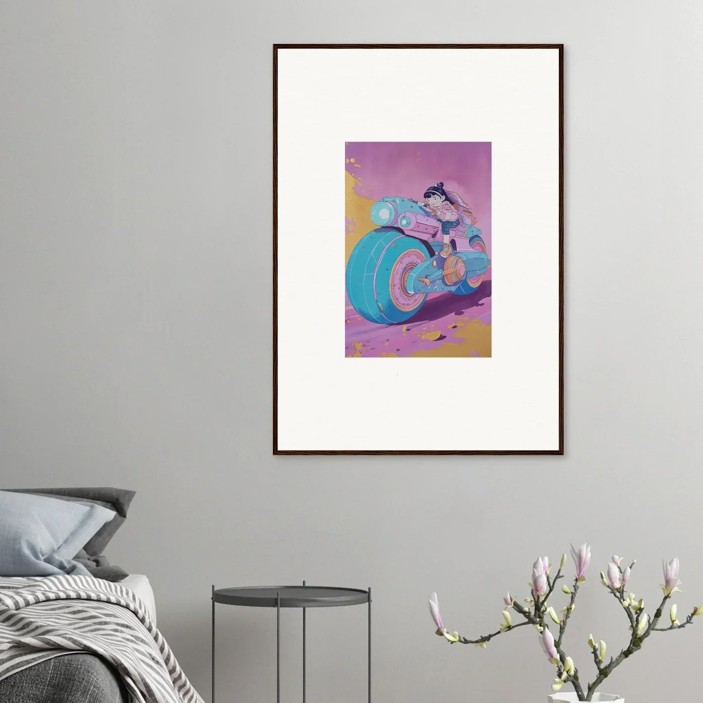 Framed canvas print of a cartoon character on a blue and pink motorcycle in a ripples palette