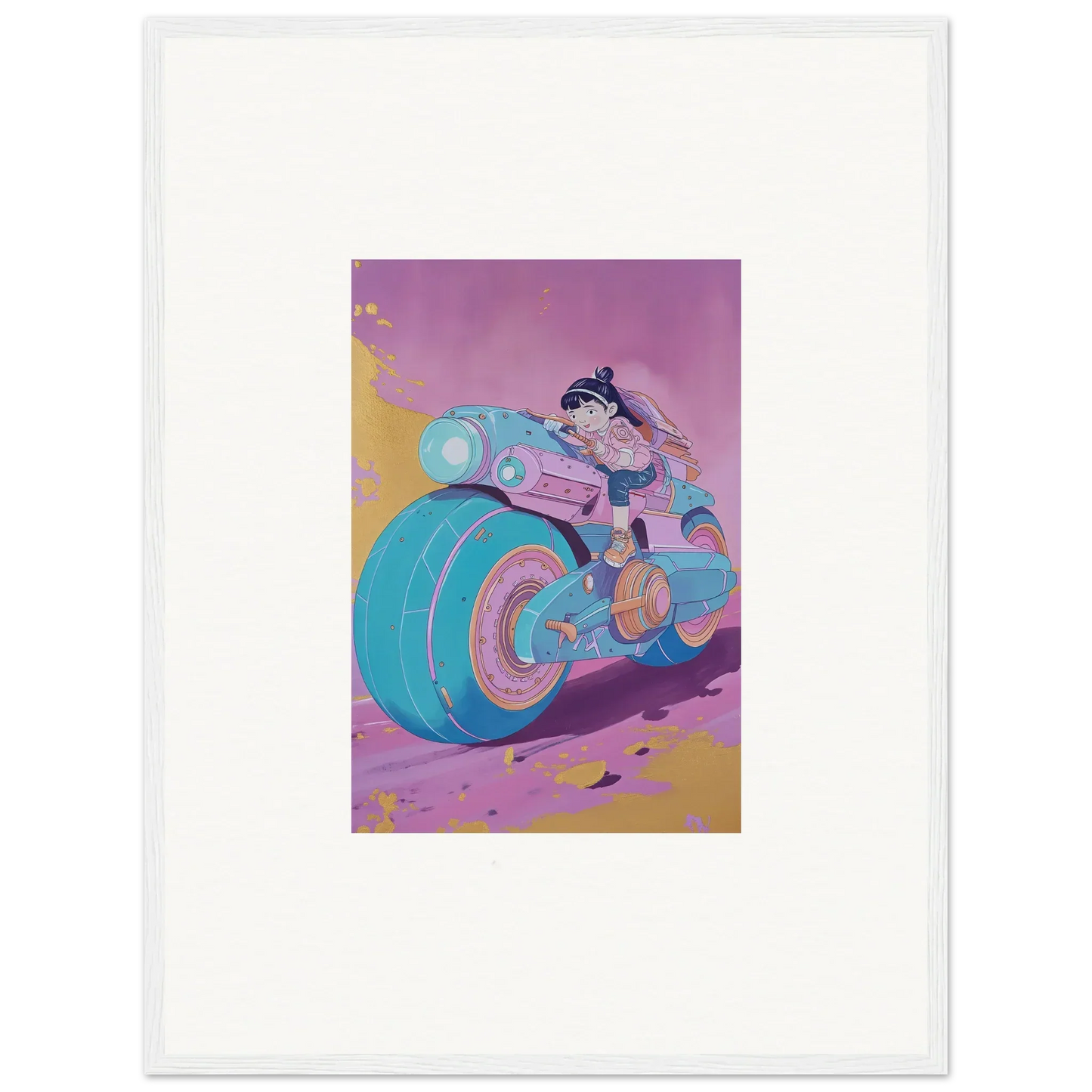 Colorful cartoon of a person on a futuristic motorcycle for room decoration canvas print