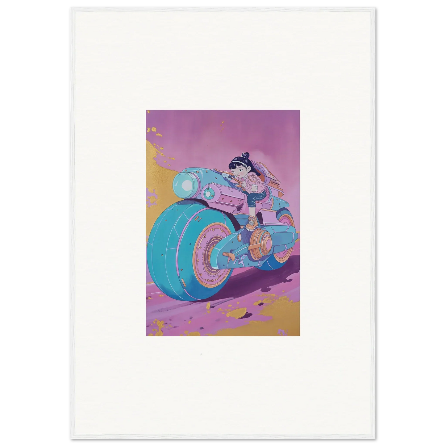 Cartoon character zooming on a cool turquoise and pink motorcycle for room decoration