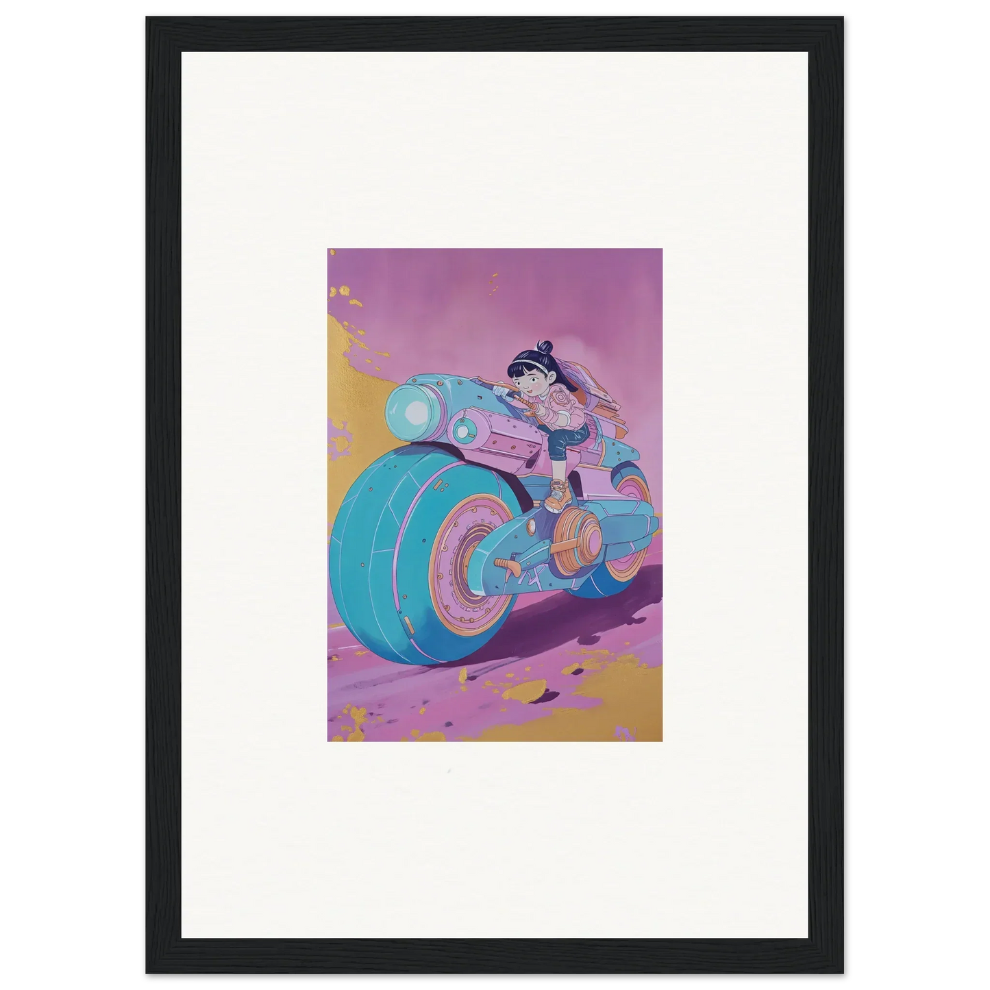 Colorful cartoon motorcycle in motion, perfect for a Neon Ripples Palette canvas print
