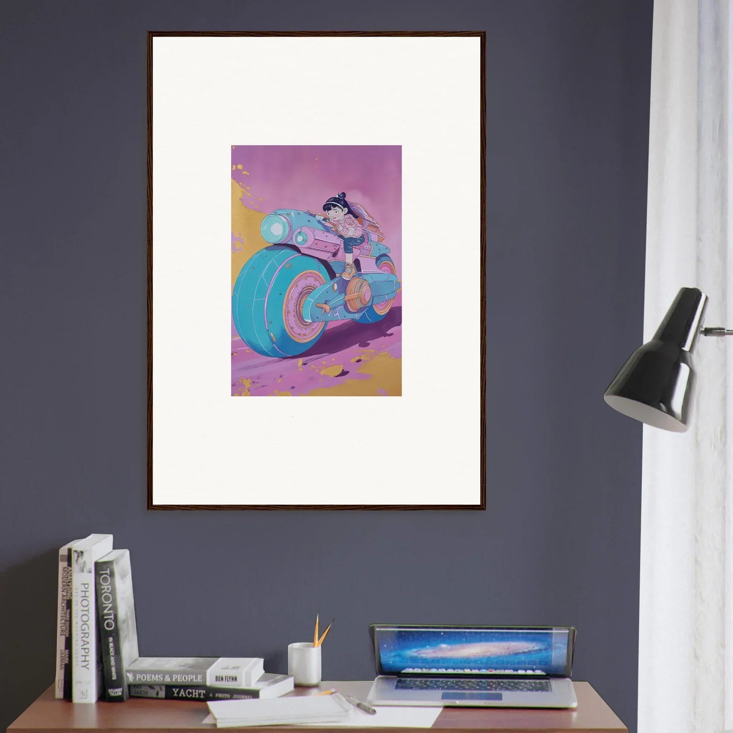 Framed canvas print of a colorful motorcycle rider, perfect for room decoration with Ripples Palette