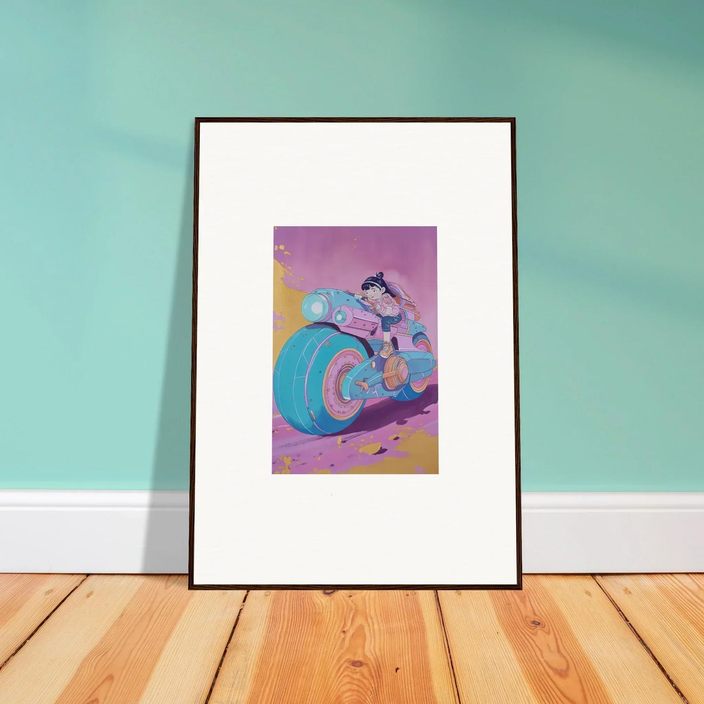 Framed canvas print of a cartoon character on a blue motorcycle, vibrant ripples palette